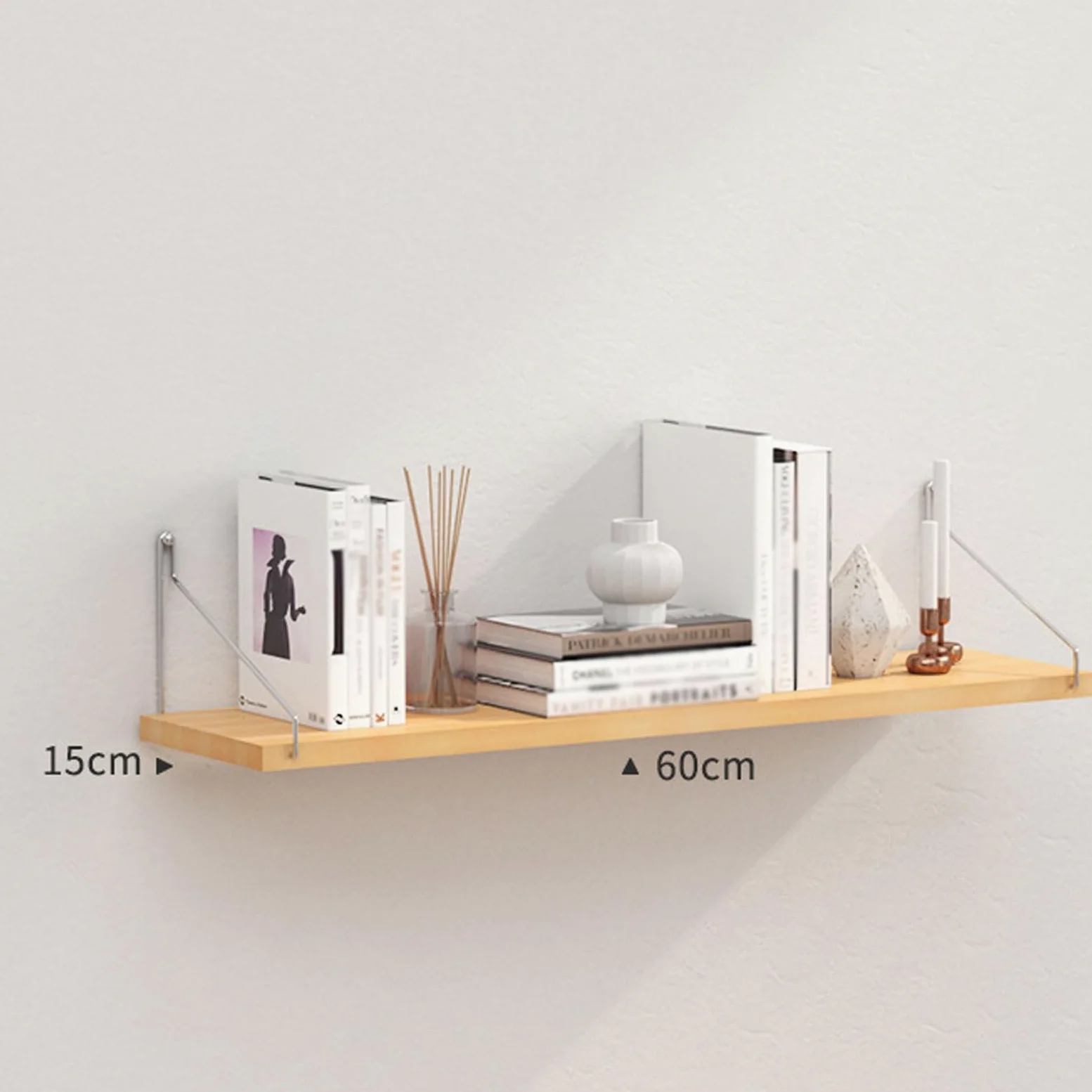 Mensole da parete senza fori, 30/60/90 cm, mensole adesive galleggianti per cucina, bagno, soggiorno, camera da letto (finitura in legno, 60 cm, larghezza 15 cm)
