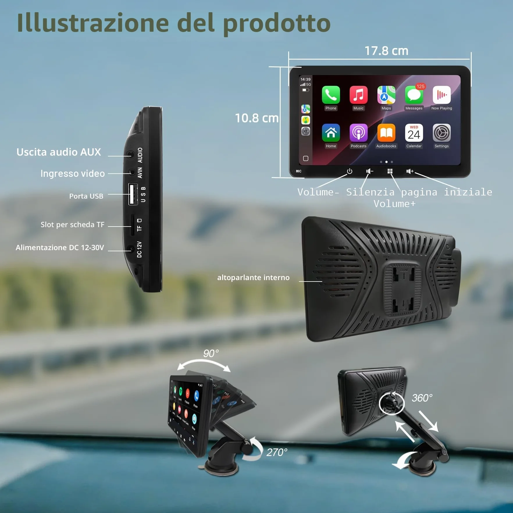 Schermo Auto 7" con Carplay Wireless e Android Auto - Display Portatile con Telecamera Posteriore | FM Trasmettitore, AUX, USB | Plug & Play per la maggior parte delle auto (7 pollici + fotocamera)