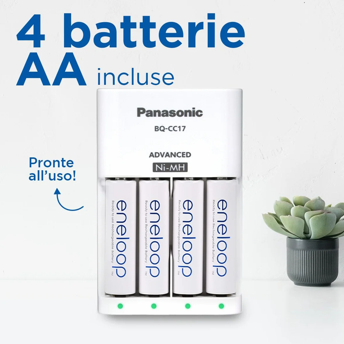 eneloop Caricabatterie Smart per Batterie AA/AAA Ni-MH, Include 4 Batterie AA 2000 mAh, 100-240V, Ricarica in 7 Ore