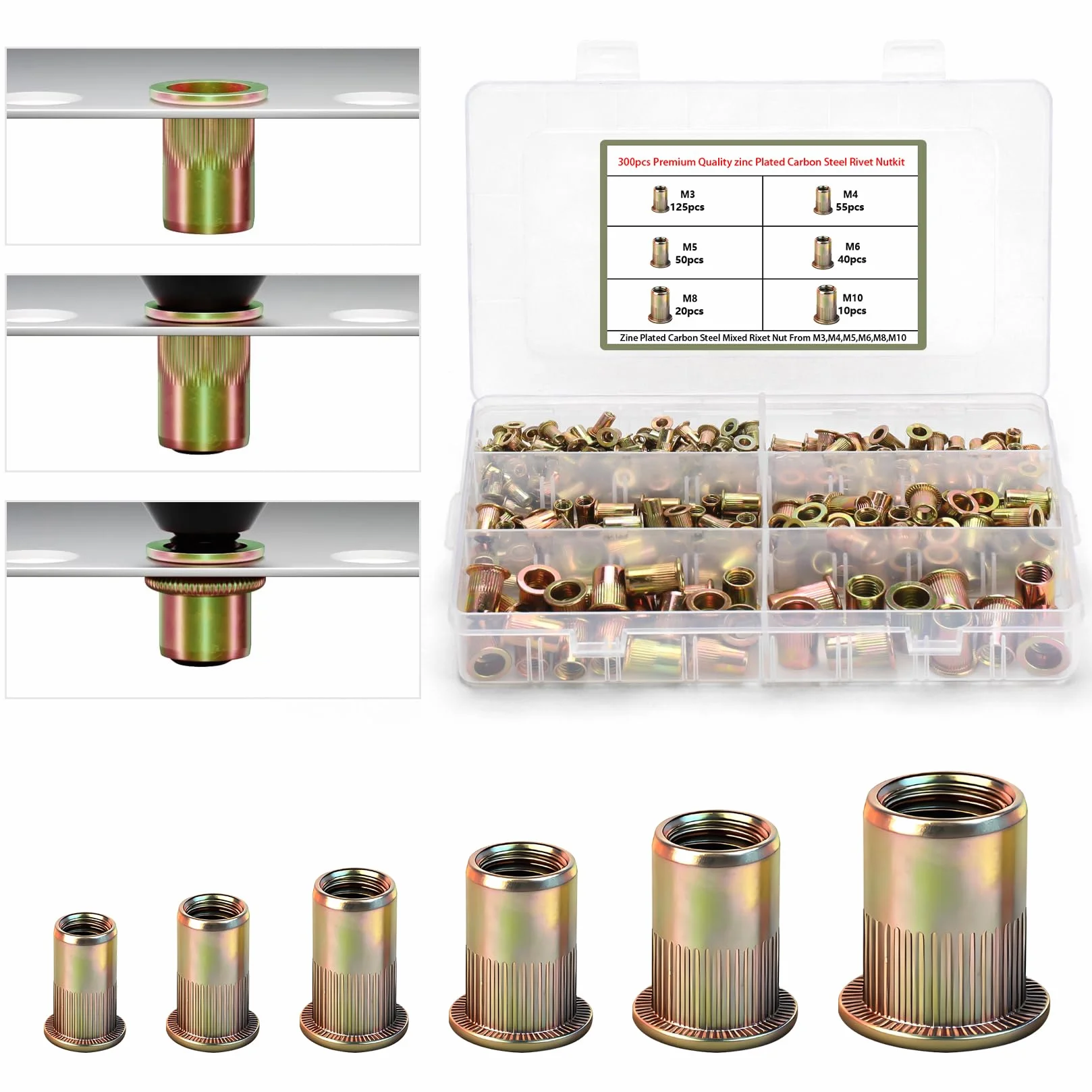 Inserti Filettati M3-M10, Rivetti Filettati in Acciaio al Carbonio, Testa Piatta Tonda, Nutsert Zincati, 300 Pezzi