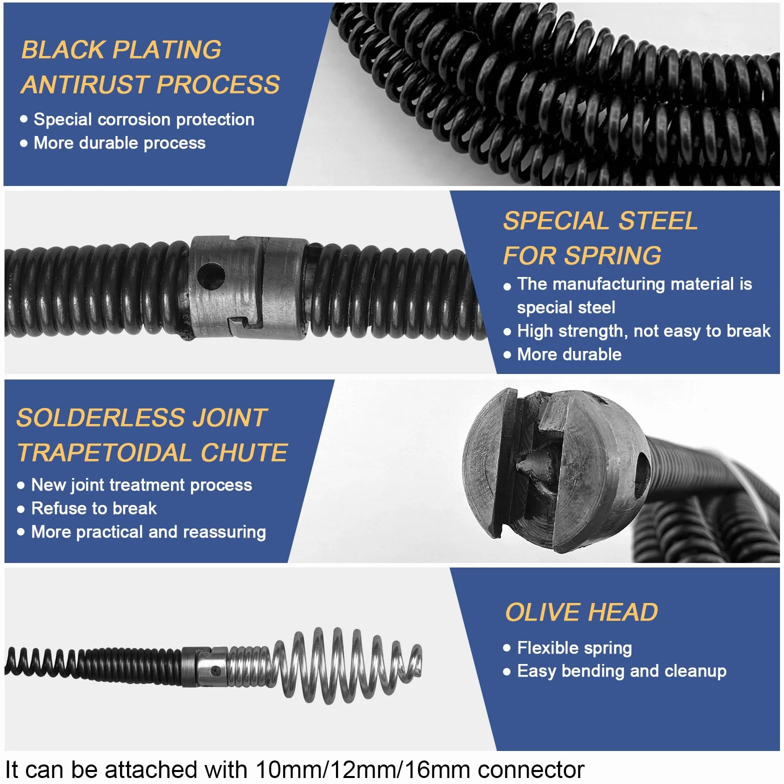 Sonda per pulizia tubi Sturatubi 5m spirale diametro 12mm acciaio 6 teste taglio adattatori manuale elettrico
