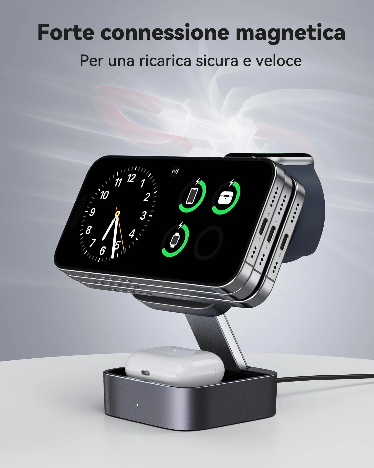 Stazione di ricarica 3 in 1 per Apple, caricabatterie da viaggio magnetico pieghevole veloce compatibile con Mag-Safe per iPhone 17e/17/16/15/14/13/12/Air, Apple Watch & AirPods Pro/4/3/2