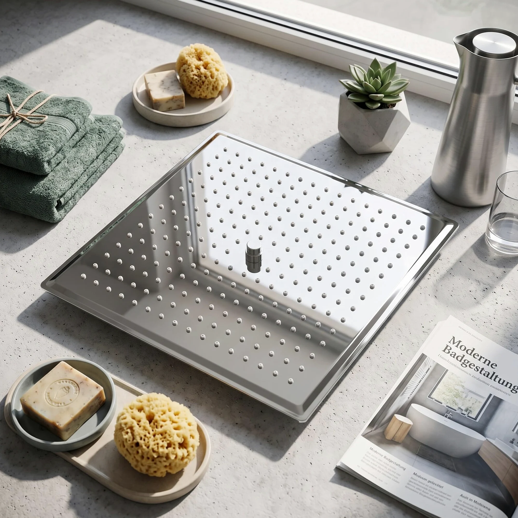 50 x 50 cm Soffione Doccia a Pioggia in Acciaio Inossidabile, Soffione Rettangolo Ultrasottile da 16 Pollici, Soffione doccia a Incasso Tondo ad Alta Pressione e Risparmio Idrico per Bagno, Argento
