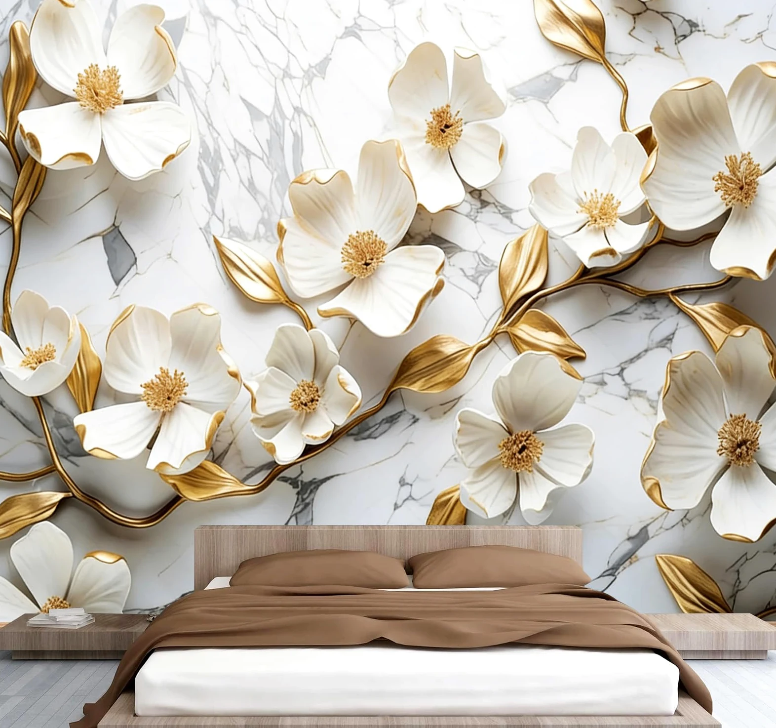 Carta da parati effetto 3D Fiori Moderni 250 x 175 cm Murale Non Tessuto Bianco Fotomurale Stampa HD Moderna Poster Per Soggiorno E Camera Da Letto Design 1M3895