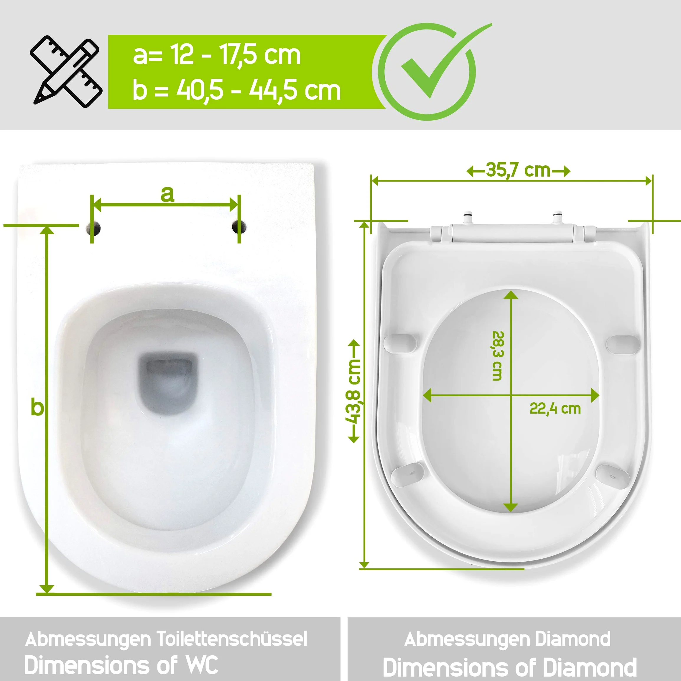 Aqua Bagno Diamond Diamond Universal D-Form Premium - sedile WC di alta qualità in polipropilene con chiusura softclose ed estraibile - sedile WC - coperchio WC
