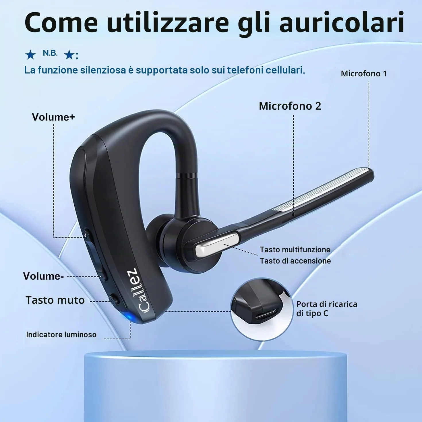 Auricolare Bluetooth con Doppio Microfono CVC8.0 Cancellazione del Rumore, Auricolari Bluetooth Singolo V5.0 Cuffie Wireless Compatibile con iPhone Samsung Cellulare Guida Lavoro Ufficio Super Leggero
