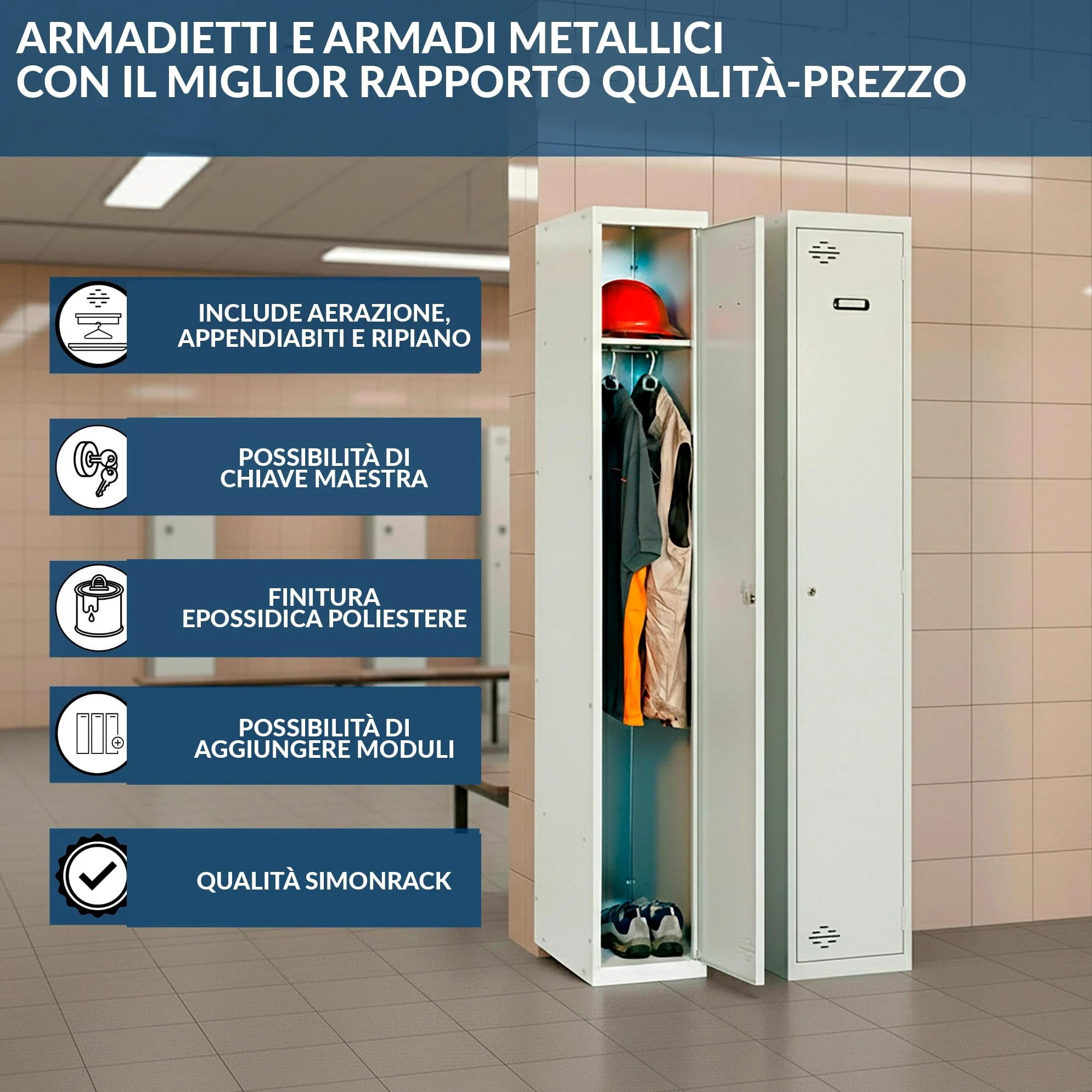 Simon Rack Armadietto spogliatoio 2 porte 1800x300x500 mm - Simonlocker | Include 2 chiavi, Vernice anticorrosione, Grigio