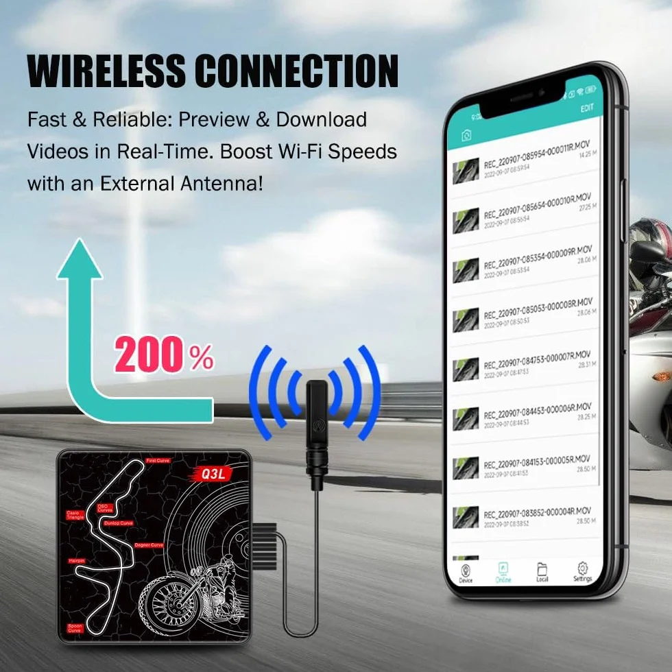 VSYSTO WiFi Dash Camera per moto, controller con display OLED, download video ad alta velocità, telecamera anteriore e posteriore 1080P, avviso in caso di vibrazioni anomale, sensore G (Q3L)