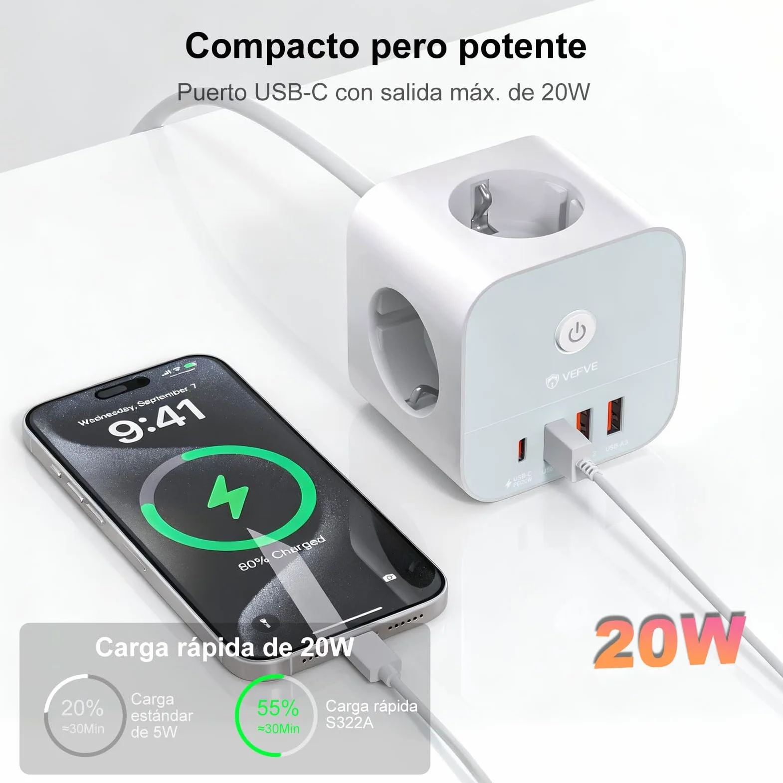 VEFVE Ciabatta con cavo, 7 in 1 cubo, presa multipla con USB C 20 W, 3 prese, 1 USB-C e 3 USB-A, 3680 W con interruttore, cavo di prolunga da 5 m