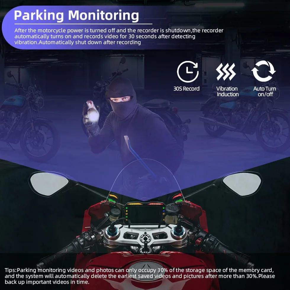 VSYSTO Moto Dash cam, 5G WiFi téléchargement vidéo haute vitesse, contrôleur de câble OLED, étanche starlight nuit vision HD 1080P avant et arrière caméra, affichage de la température