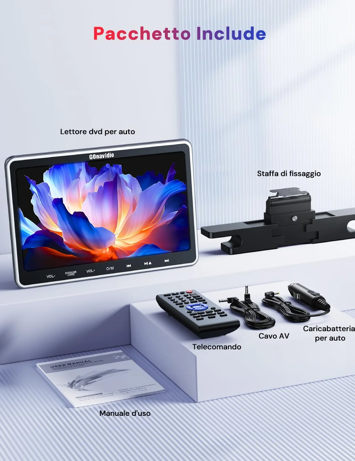 GOnavidio Lettore DVD per Auto 10,1'' con Ingresso HDMI, Lettore DVD per Auto con Supporto per Poggiatesta, Supporto video 1080P, Scheda USB/SD, AV IN/AV OUT, Resione Libera (No Batteria)
