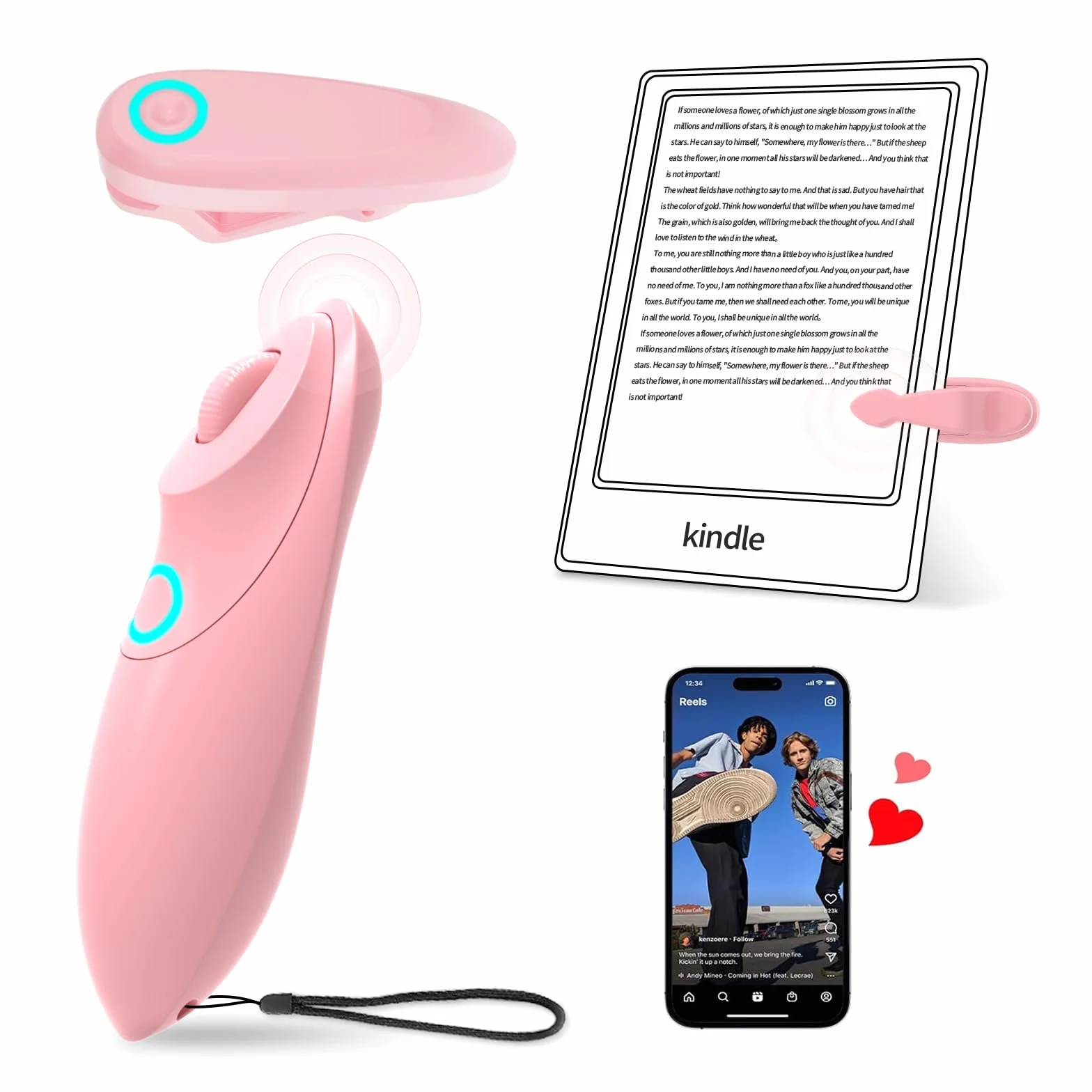 Telecomando per Kindle Page Turner – Telecomando a scorrimento per TikTok, doppia funzione per e-book e brevi video, compatibile con iPhone, iPad, Android, Kindle, ecc (rosa)