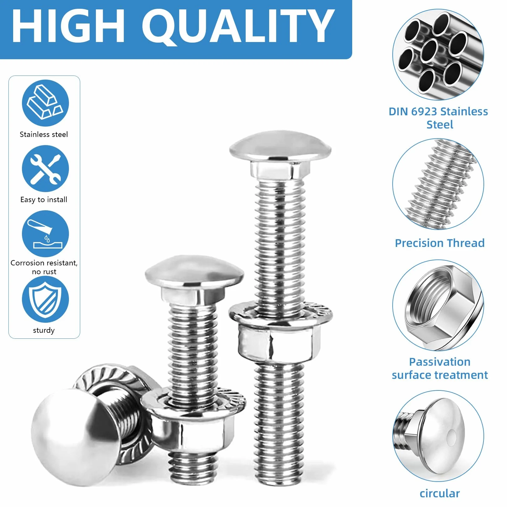 Bulloni Carrello M8 x 40 mm Acciaio Inossidabile DIN 6923 Dadi Flangiati