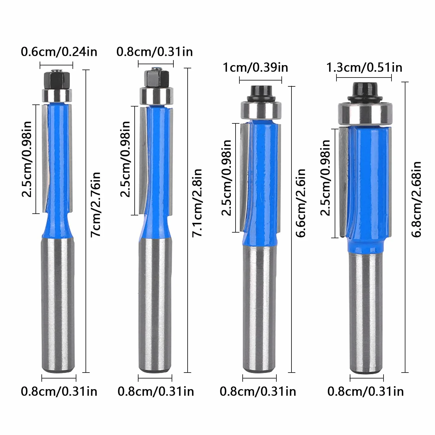 Fresa a Taglienti Diritti per Legno Codolo 8 mm con Cuscinetto, Set 4 Pezzi per Rifilatore