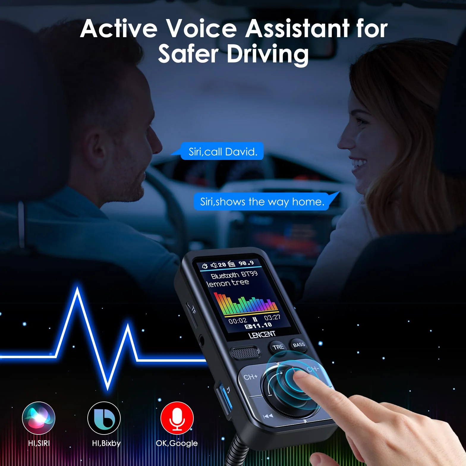 LENCENT Trasmettitore FM Bluetooth 5.0 Auto, QC3.0 18W Ricarica Veloce, Adattatore Radio Auto AUX con Schermo a Colori, Hi-Fi & Bassi Profondi, Chiamatta Vivavoce, Assistente Siri e Google, Scheda TF