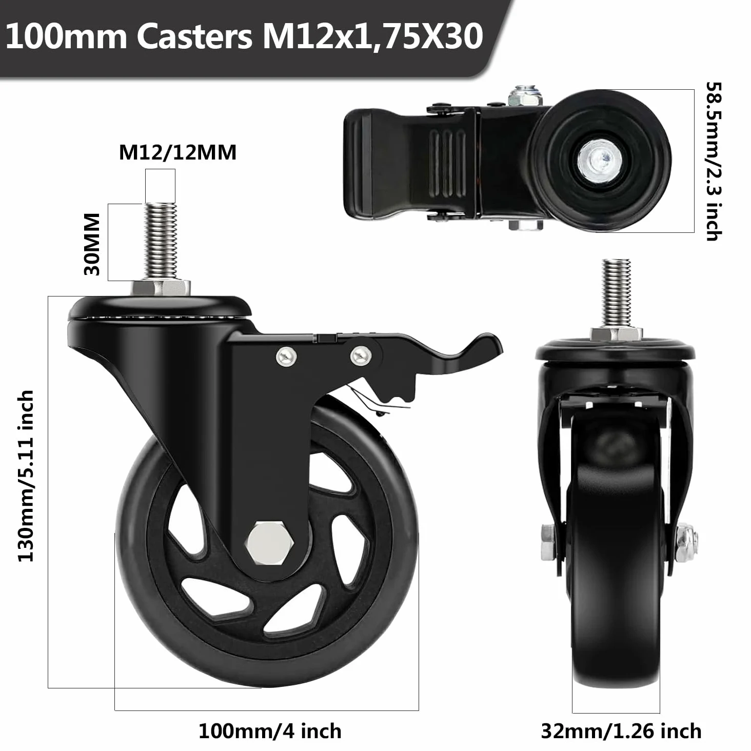 100MM per carichi pesanti ruote per mobili con Freno, set da 4 ruote per carrelli con M12x1.75x30mm Vite Perno, Bino Cuscinetto Perno Ruota Girevole Ruote per Mobili, PU Carrello Ruote su a 500kg