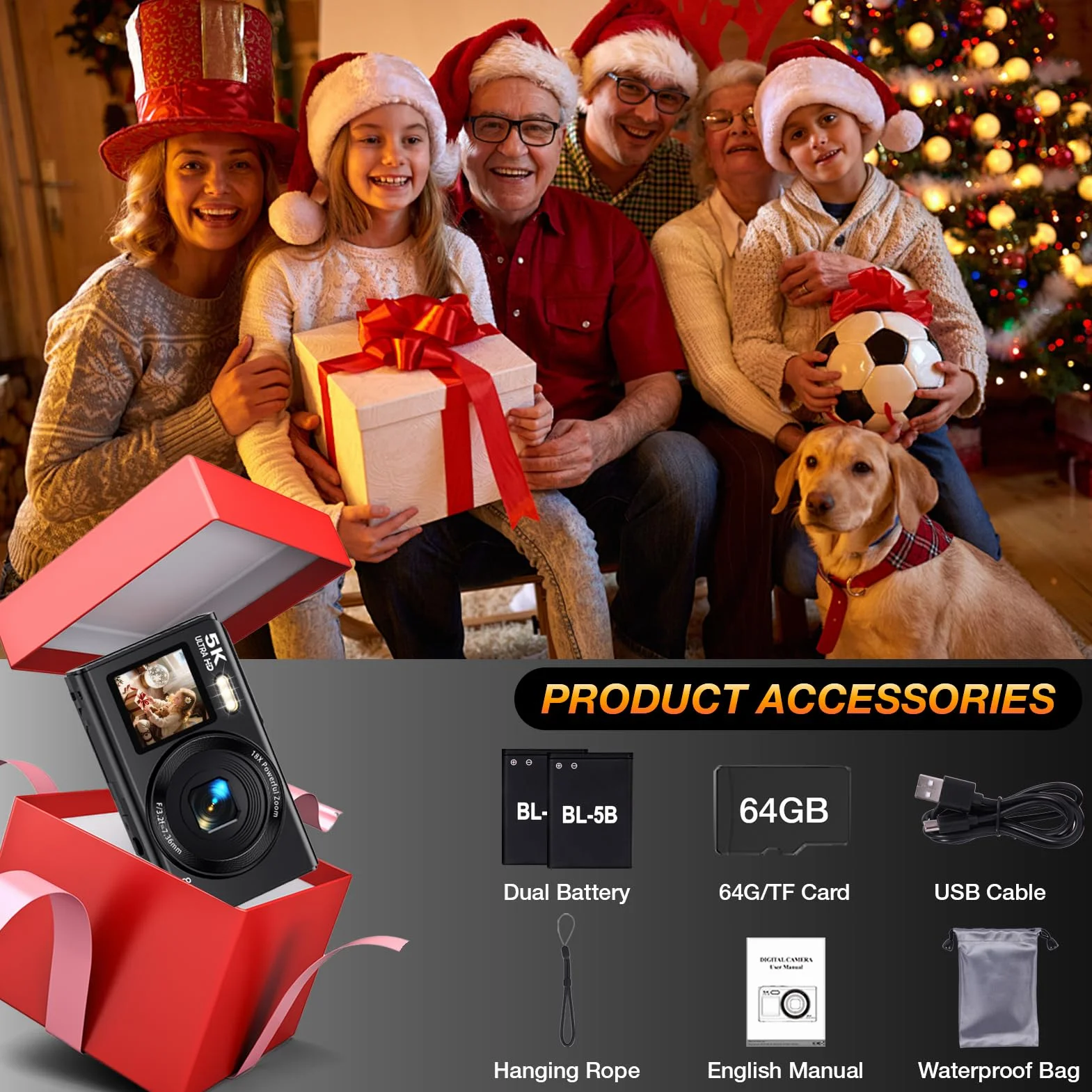 Fotocamera digitale a doppio schermo 5K per Vlogging, fotocamera WiFi da 80 MP con display frontale, zoom 18x, luce di riempimento, include scheda da 64 GB e 2 batterie