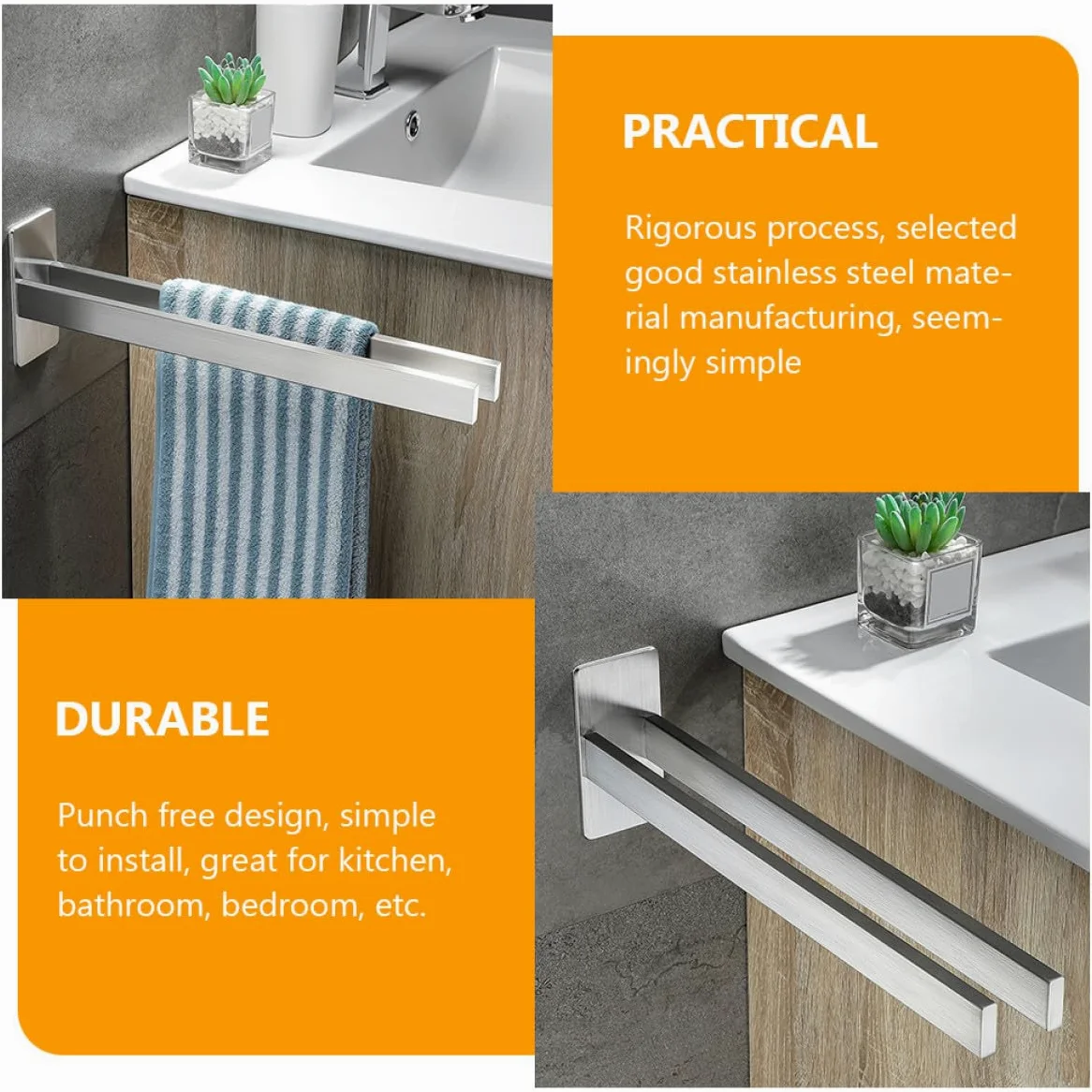 Portasciugamani da Bagno e Cucina in Acciaio Inox 304 Mensola da Parete Doppia senza Fori Portasciugamani Robusto da 39 CM per Bagno e Camera Installazione senza Danni
