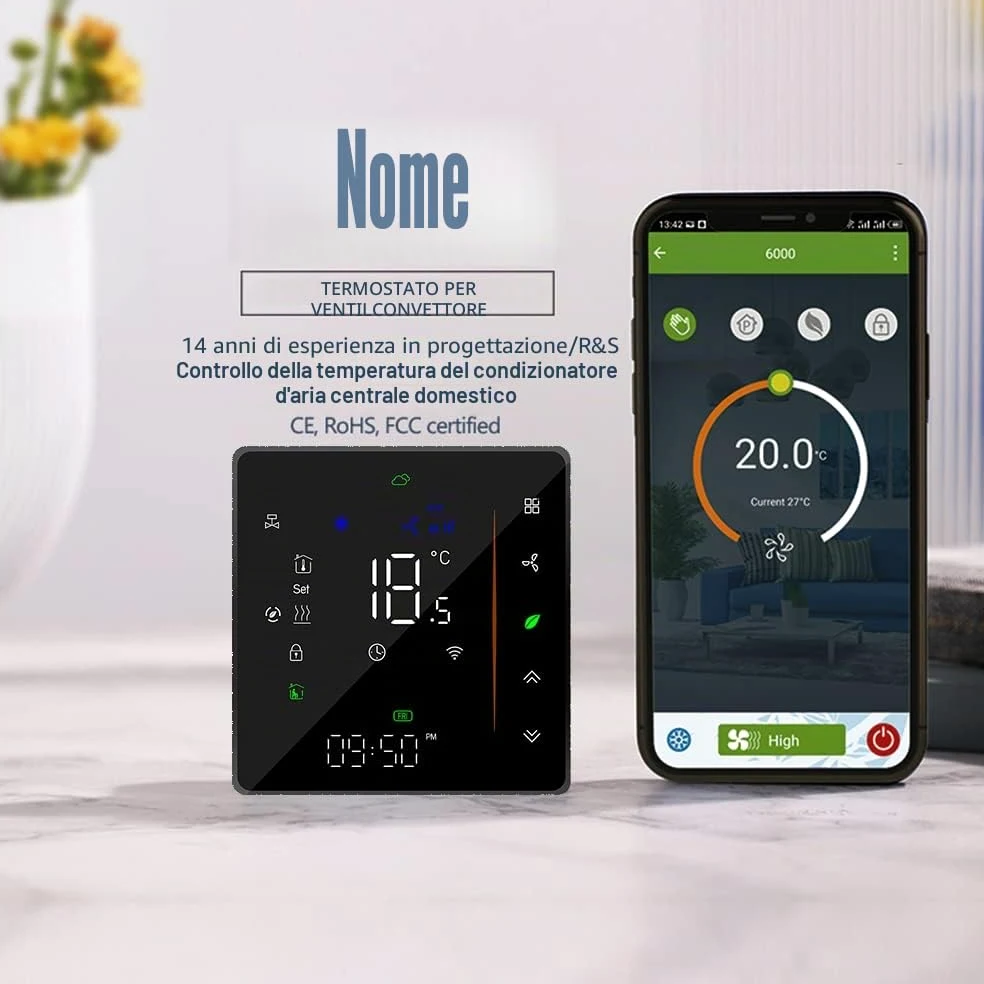 WiFi Termostato per climatizzatore con 2-tubi, 95-240V, Alexa | Controllo remoto tramite app Smart Life, compatibile con Google Home, controllo vocale, per sistemi HVAC.