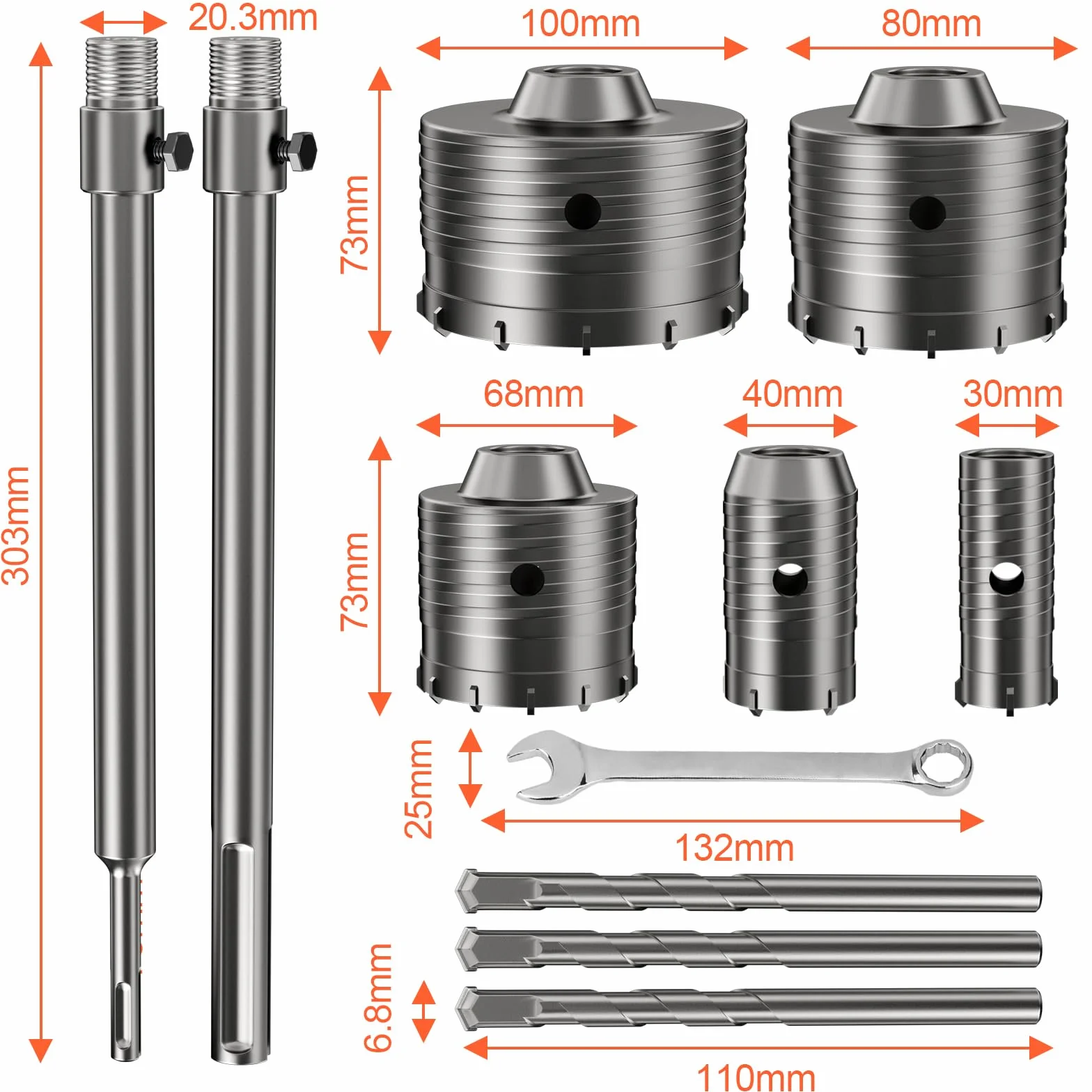 Set di Trapano a Testa Cava 30-100 mm Fresa a Tazza Carotatrice con Adattatore SDS per Calcestruzzo