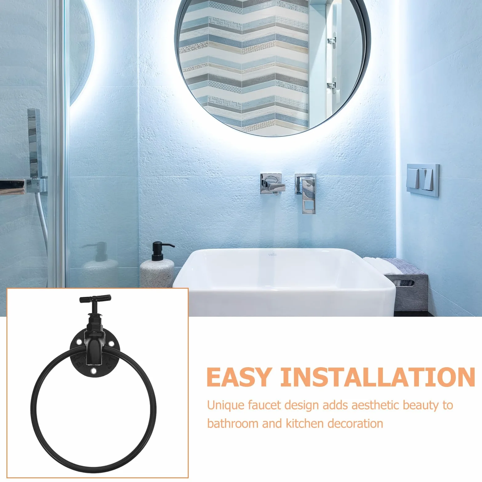 Healeved Portasciugamani da Parete Anello Porta Strofinacci Robusto Portasciugamani da Bagno in Ferro Nero Accessorio per Cucina e Bagno