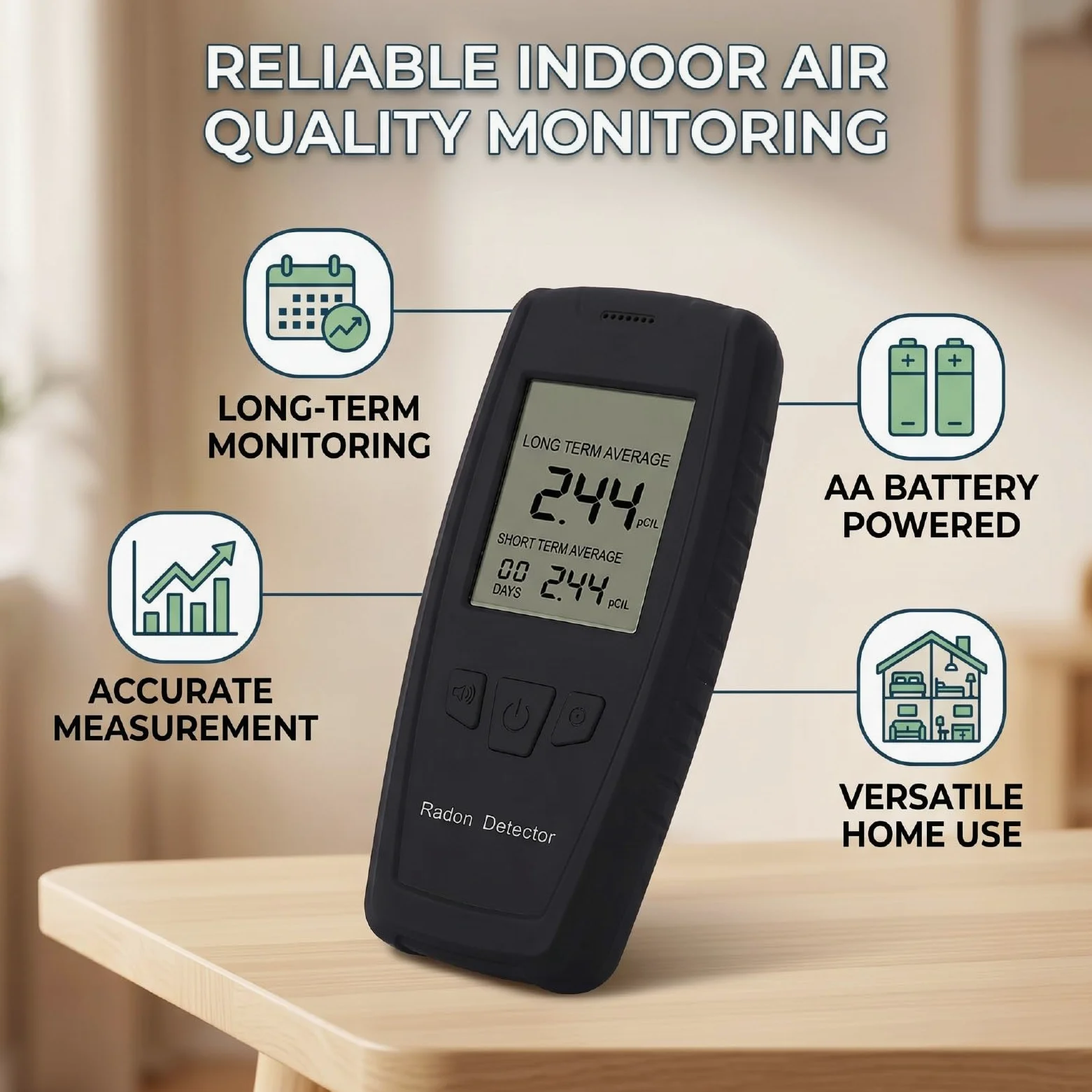 Alomejor Rilevatore di Radon Portatile, Monitor Accurato a Lungo Termine per la Scuola, L'home Office, con Display LCD da 0 a 270pCi/L