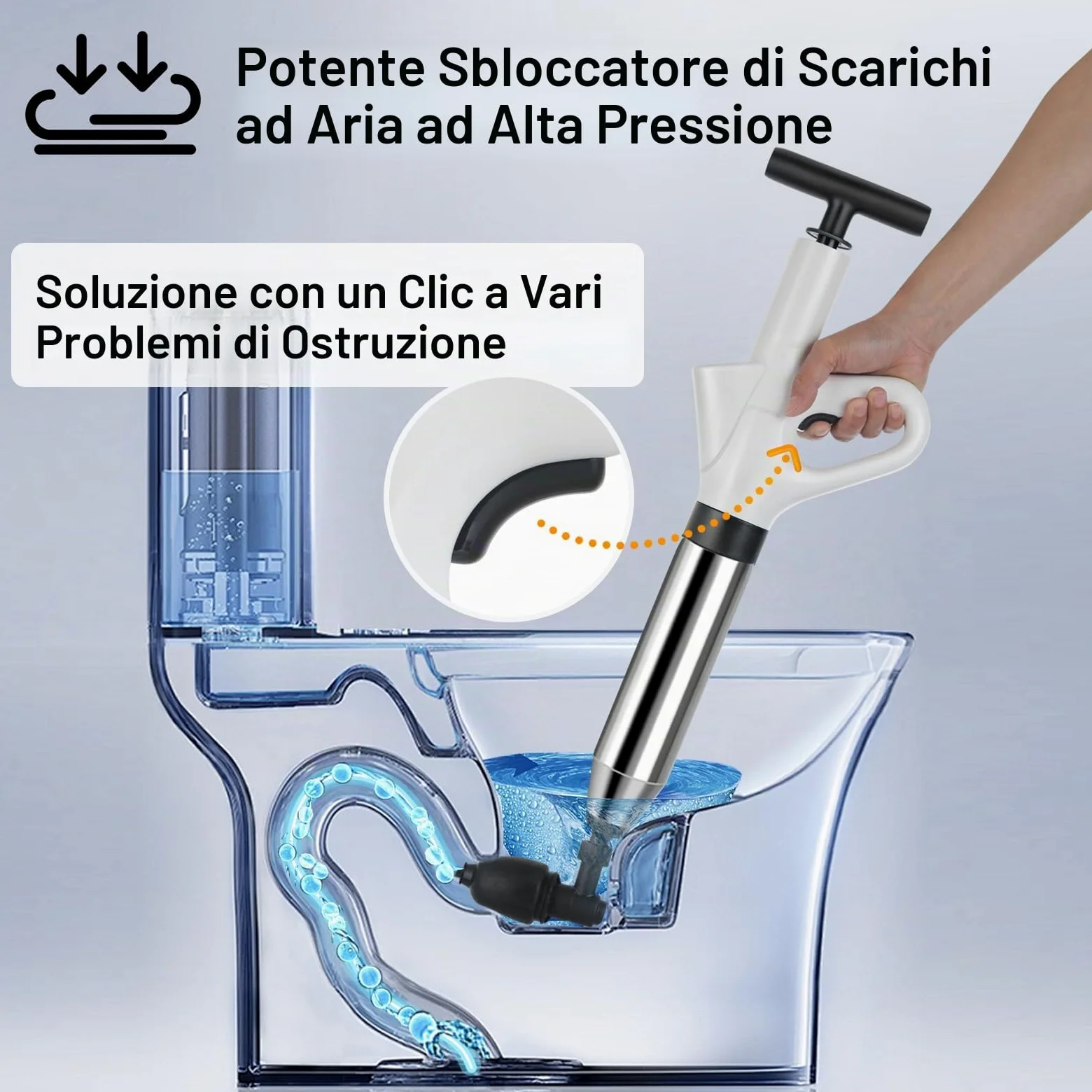 Pompa Stura Scarichi a Pressione, Sturatubi Aria Compressa con Barometro, Sturalavandini a Pressione con Quattro Diverse Ventose per Bagni Servizi Igienici Lavabi
