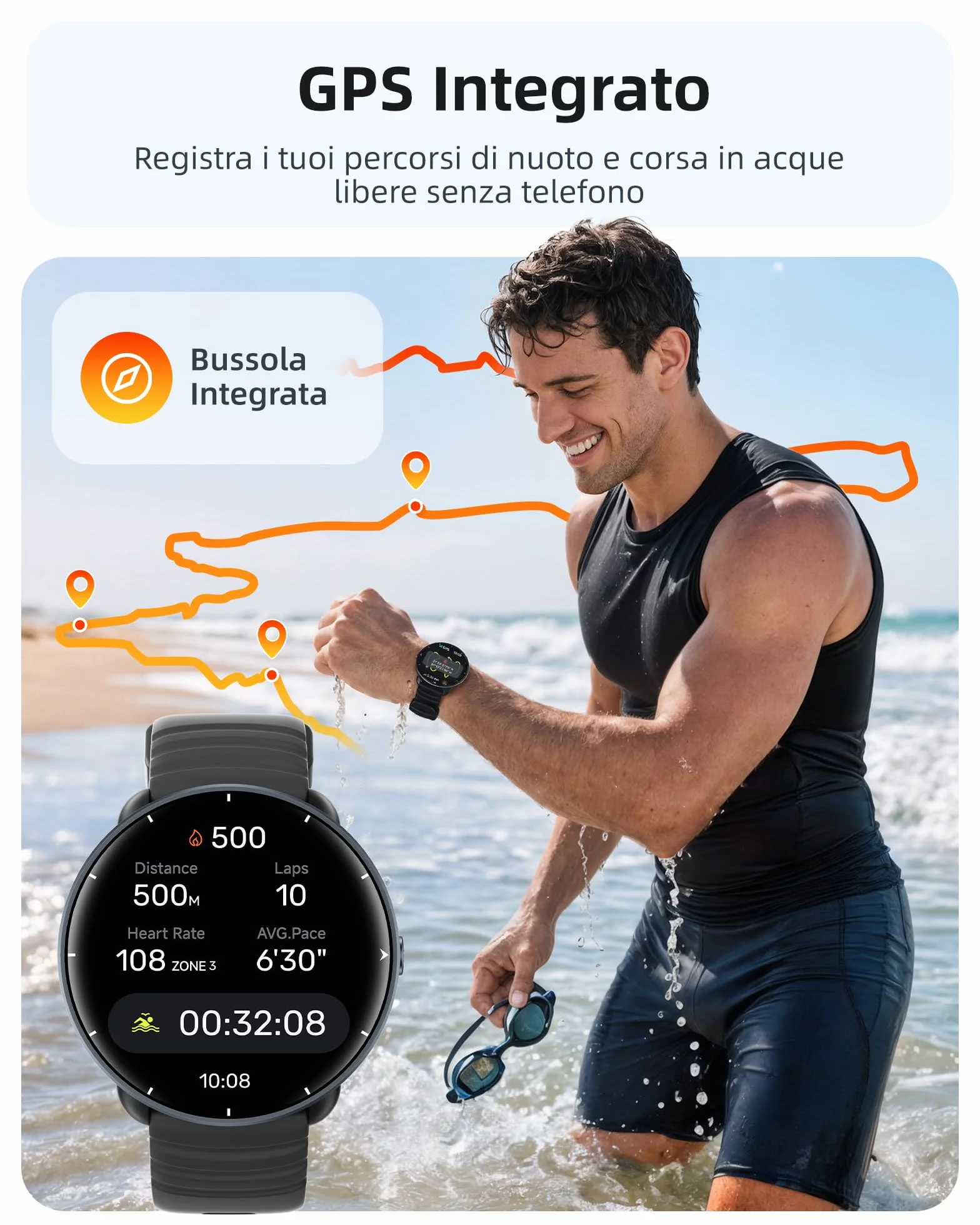 Parsonver Smartwatch GPS Integrato, 5 ATM Impermeabile Orologio da Nuoto per Piscina/Acque Aperte, Orologio Fitness con Display AMOLED, 100+ Sportive, Frequenza Cardiaca,Sonno (Nero, 42 mm)