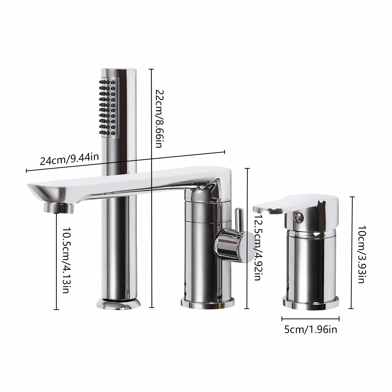Rubinetto per vasca da bagno a 3 fori con maniglia singola, rubinetteria da bordo vasca con doccetta estraibile e ugello di uscita dell'acqua girevole a 360°, set di rubinetteria per bordo vasca da