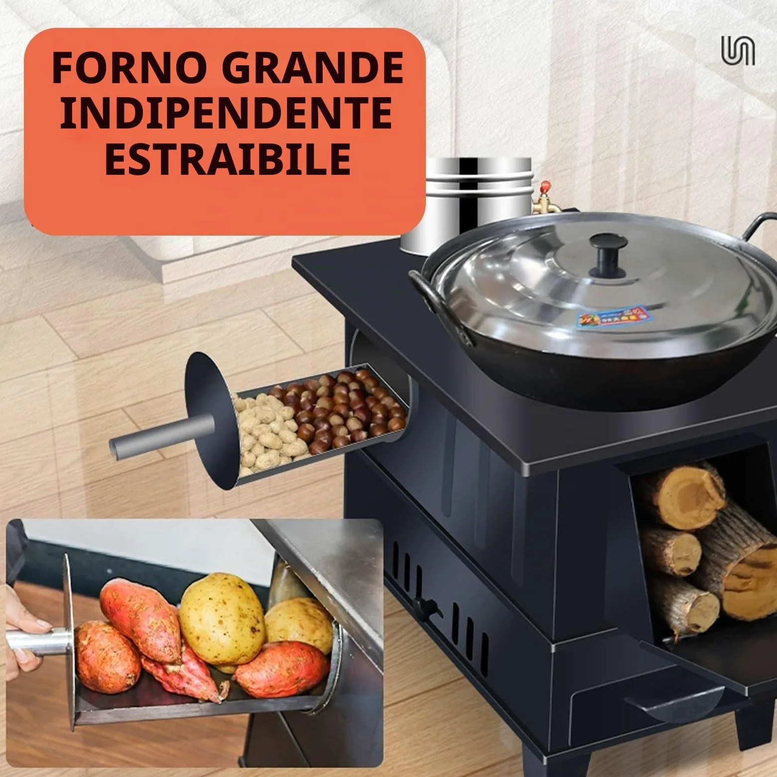 Stufa A Pellet Stufa A Legna Con Forno Struttura in Lamiera D'acciaio Focolare Di Grande Capacità Forno A Legna Include Camino, Gancio E Pinza(50.5 * 30.5 * 41cm)