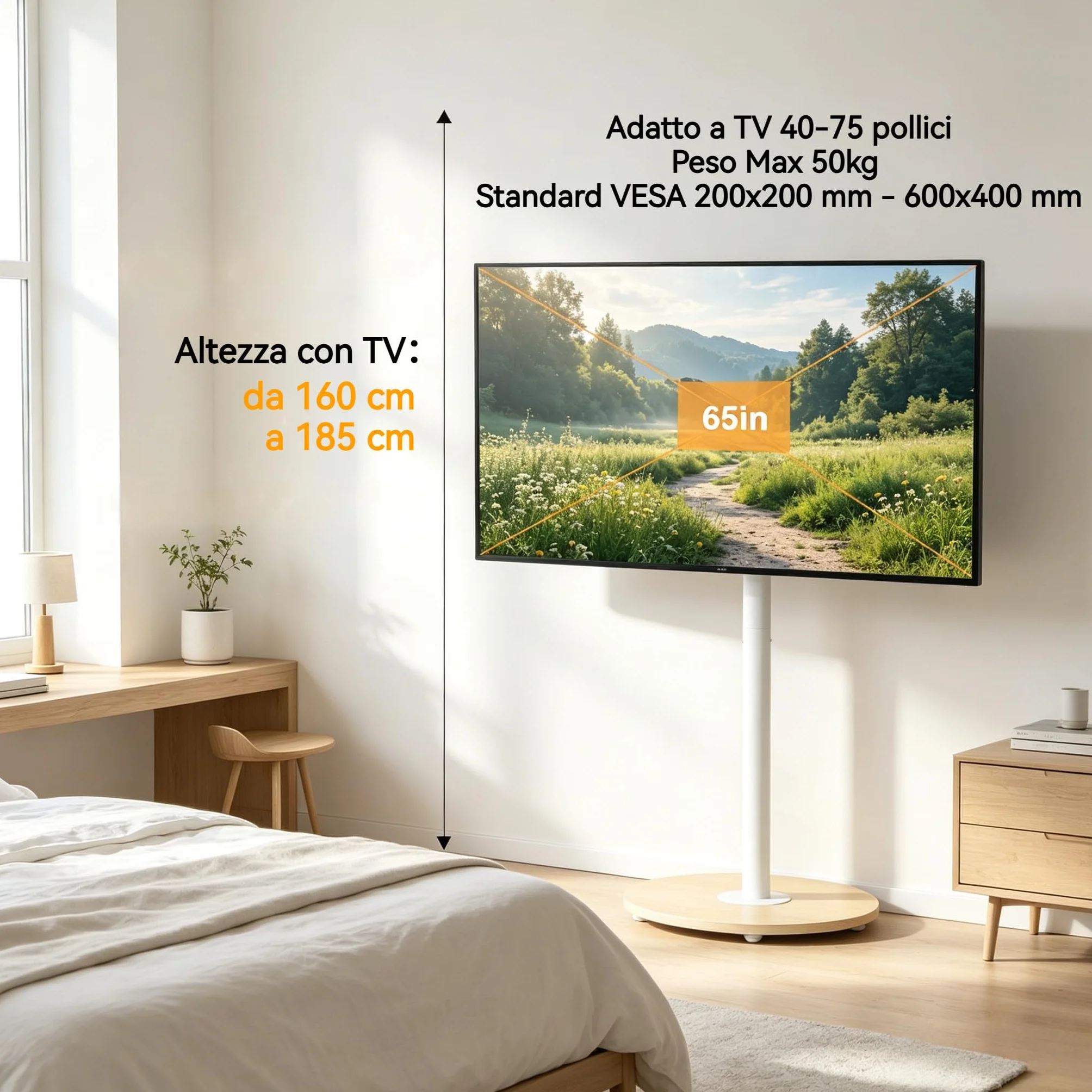 Supporto TV da Pavimento con Ruote Nascoste Legno Base per 40-75 Pollici Peso Max 50kg Max VESA 600x400mm, Regolabile in Altezza, Bianco