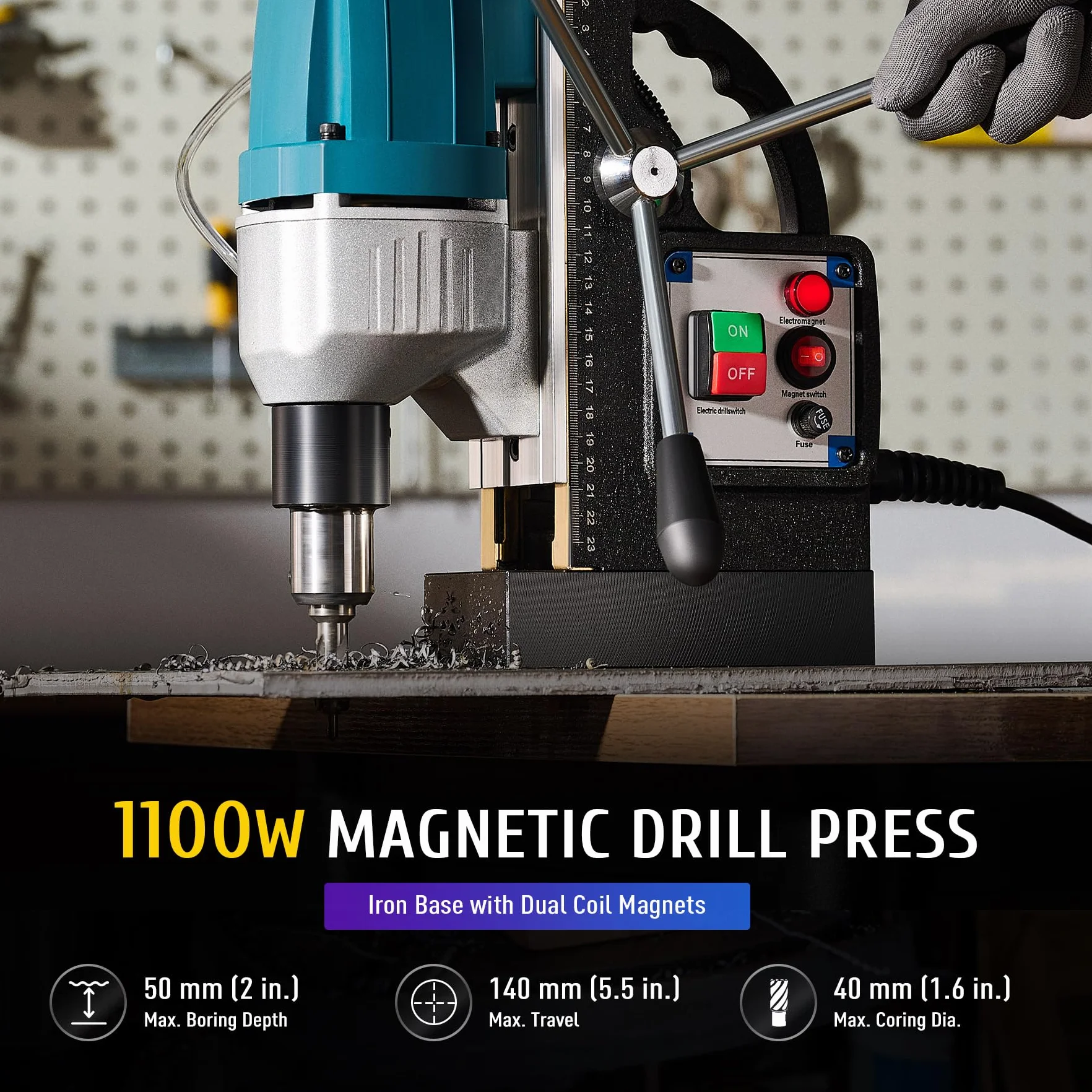 Trapano Magnetico 1100W 12000N 550 rpm Elettromagnetico Fino a 40 mm Profondità 50 mm Industriale