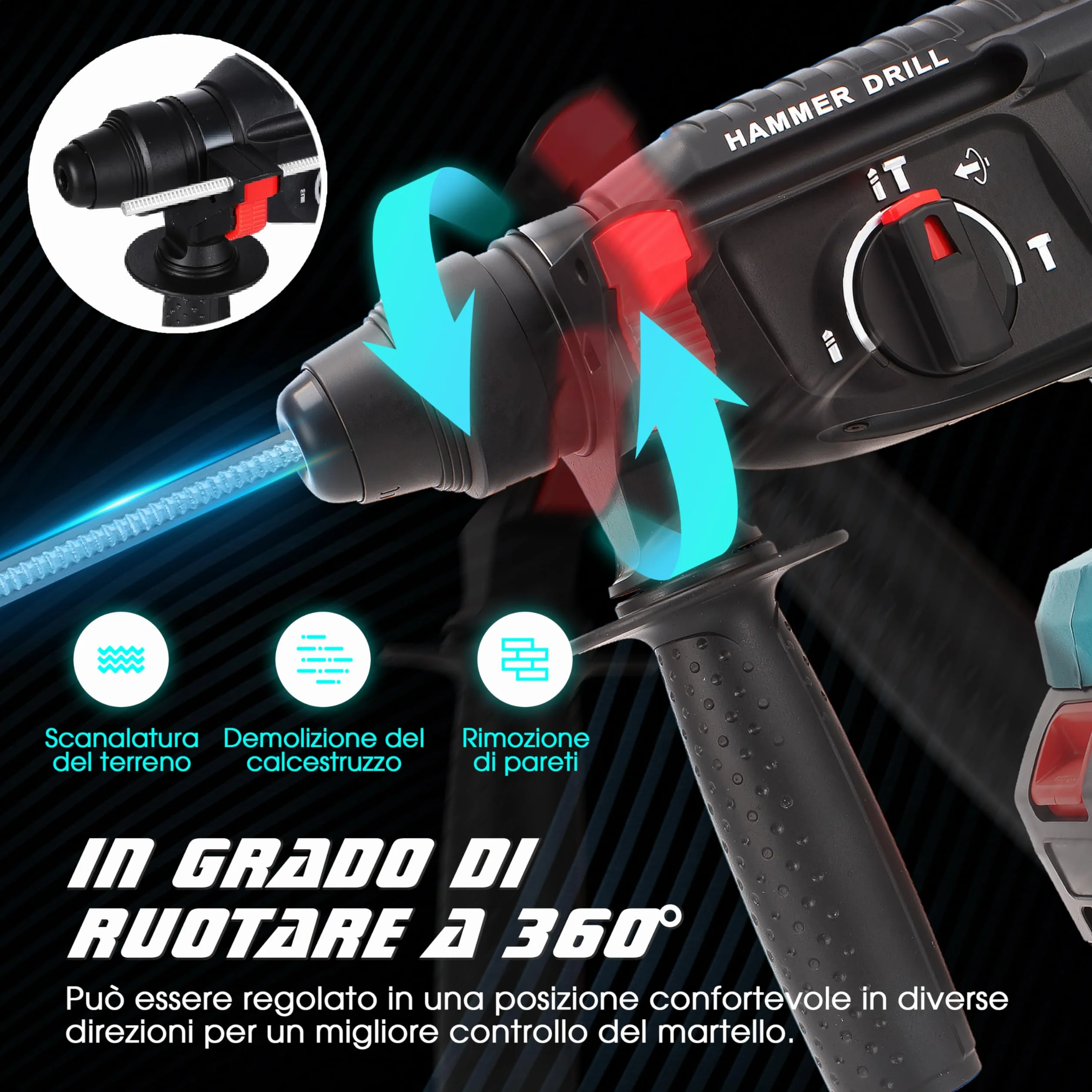 Martello Demolitore Senza Fili 21V, Tassellatore a Batteria Senza Spazzole, 4000 BPM, 32 mm, Compatibile Makita