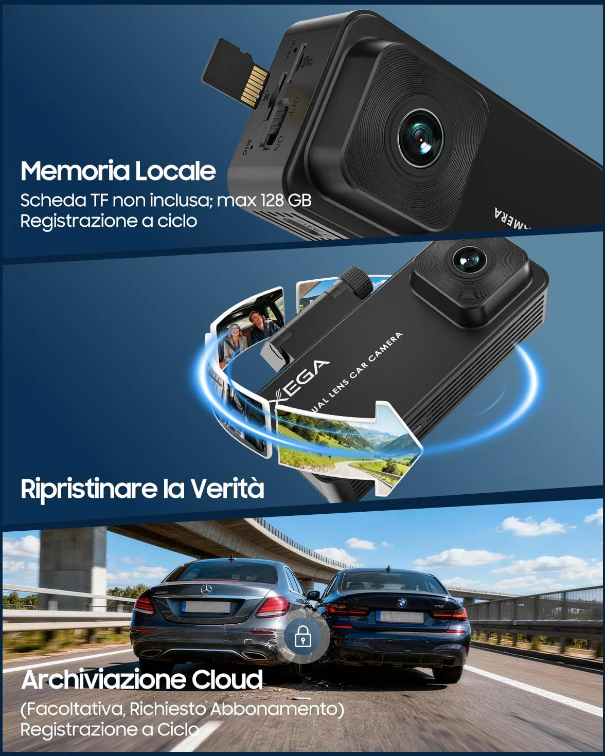 XEGA Dash Cam Auto 2K 4G con Scheda SIM, GPS, Monitoraggio di Parcheggio, Rilevamento Collisione/Movimento Radar, Audio Bidirezionale, Modalità Privacy, Video in Diretta/Cloud