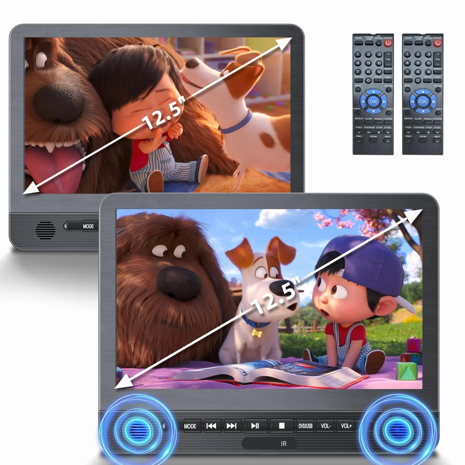 DESOBRY 12,5 '' lettore DVD per auto 2 schermo con batteria ricaricabile da 5 ore, due schermo auto, Poggiatesta per Auto Bambini TV Ultima memoria USB AV In/Out 12V
