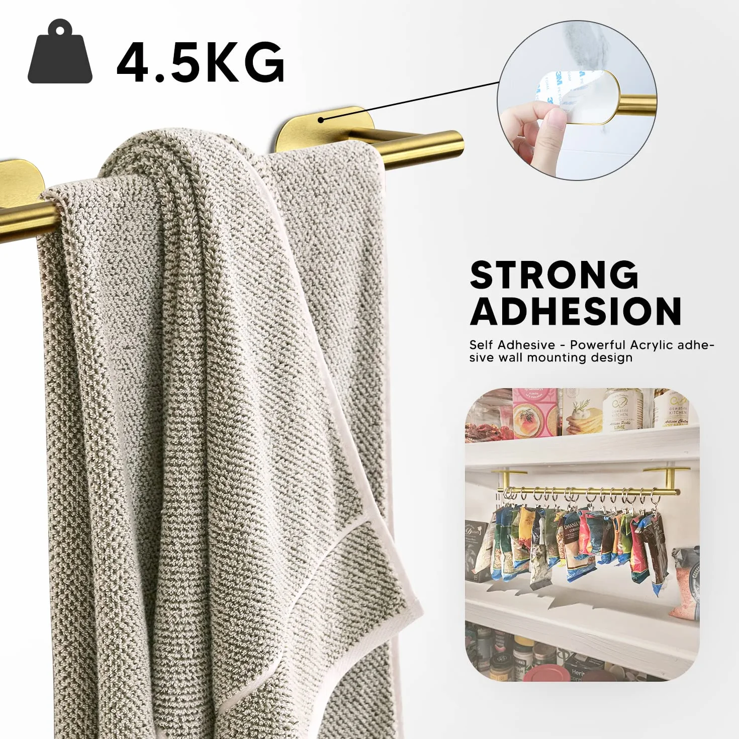 Set Porta Asciugamano 8 Pezzi Acciaio Inox Autoadesivo a Parete Bagno Cucina Oro