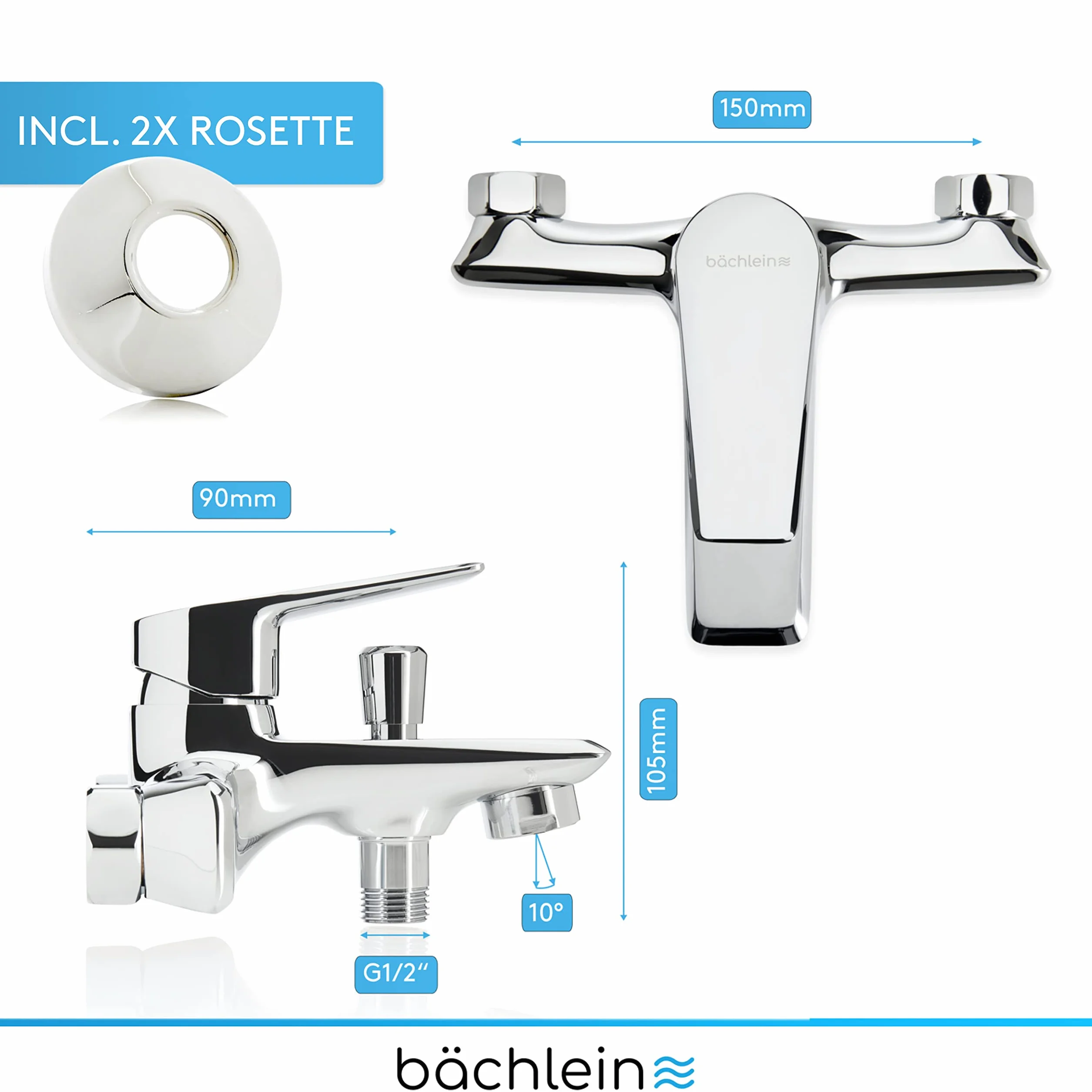 Bächlein Miscelatore Universale per Vasca da Bagno Cromo - Set Completo di Miscelatori per Vasca da Bagno con Accessori, Miscelatore Monocomando per Vasca da Bagno a Vista