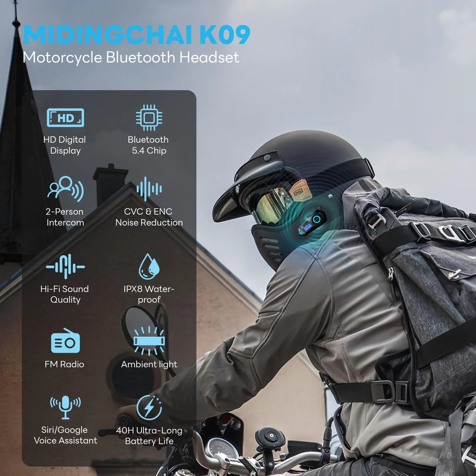 K09 Interfono Moto, Kit Vivavoce Moto Bluetooth 5.4, Sistema Comunicazione Duo Interfono Moto 500 m, Auricolare con Display Digitale/IPX8 Impermeabile/HIFI/FM (1 pz)