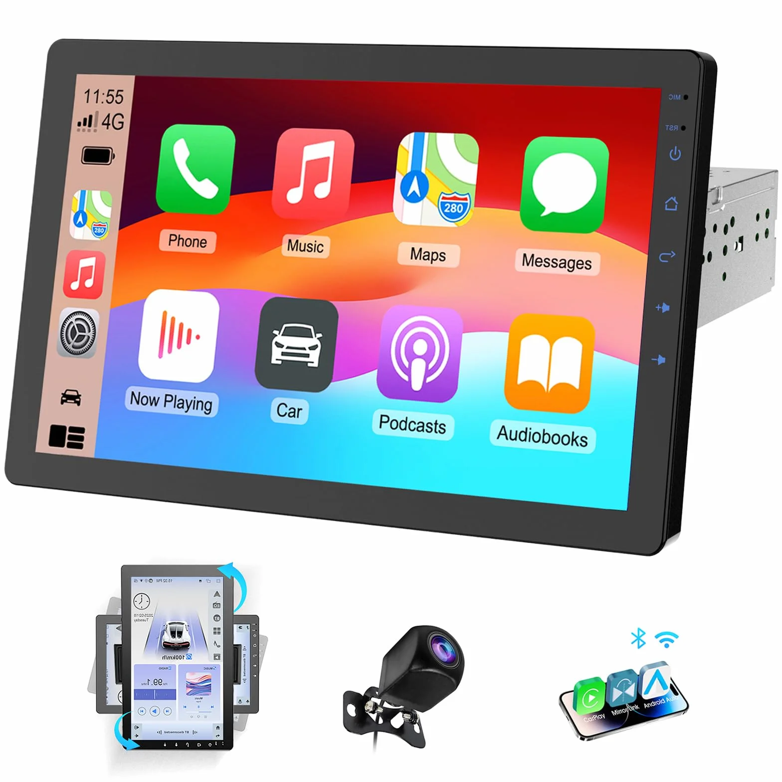 Haudio Autoradio Girevole a 360°, Stereo Bluetooth 1 DIN Carplay Wireless e Android Auto, Touchscreen IPS 10.1 Pollici Car Play con Mirror Link,Controllo vocale,RDS/FM/AM,Fotocamera Posteriore 720P
