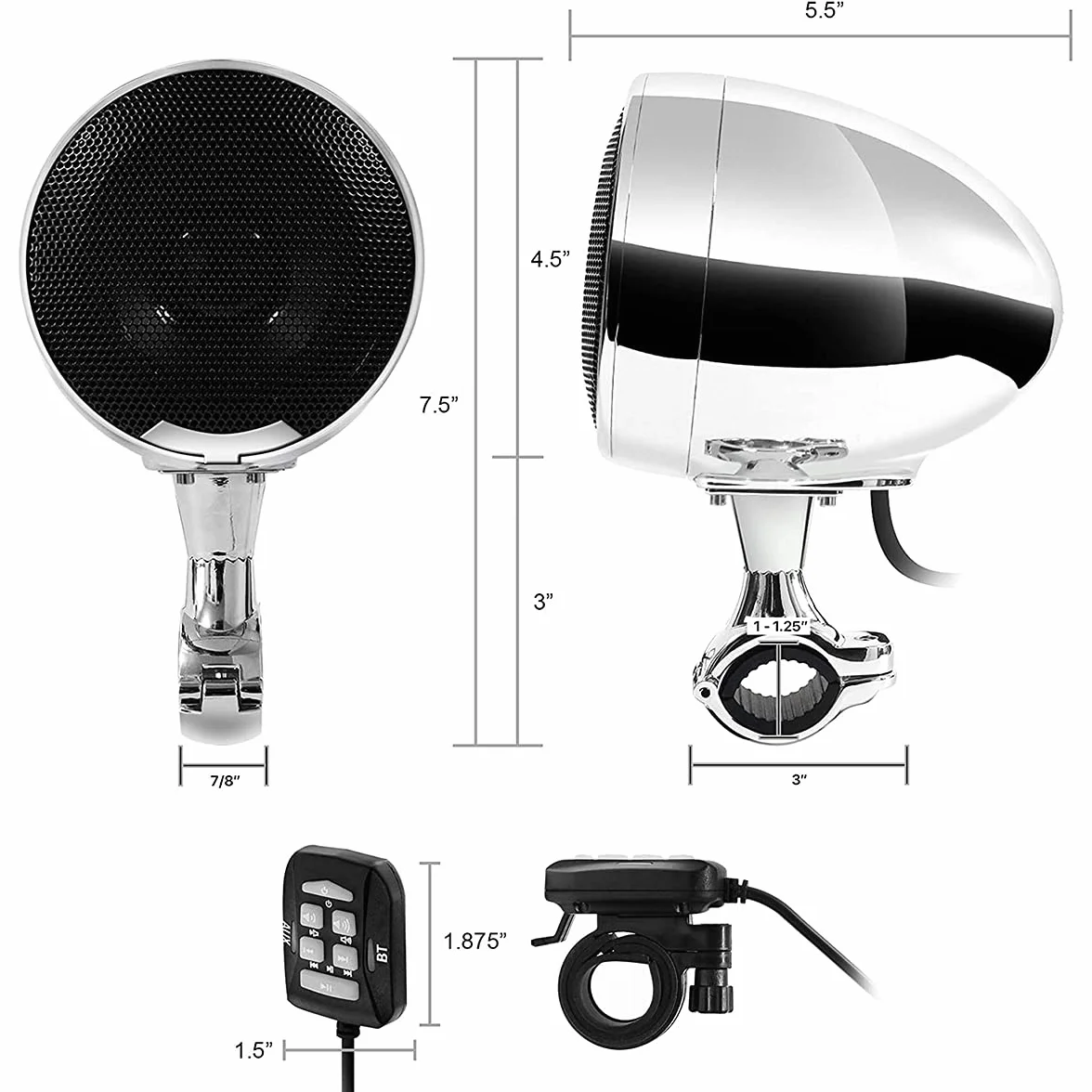 600W Amplificatore integrato 4.5" Bluetooth impermeabile Altoparlanti stereo per moto Sistema radio audio per moto con USB AUX MP3, adatto per l'installazione sul manubrio da 1 a 1.25" (Chrome)