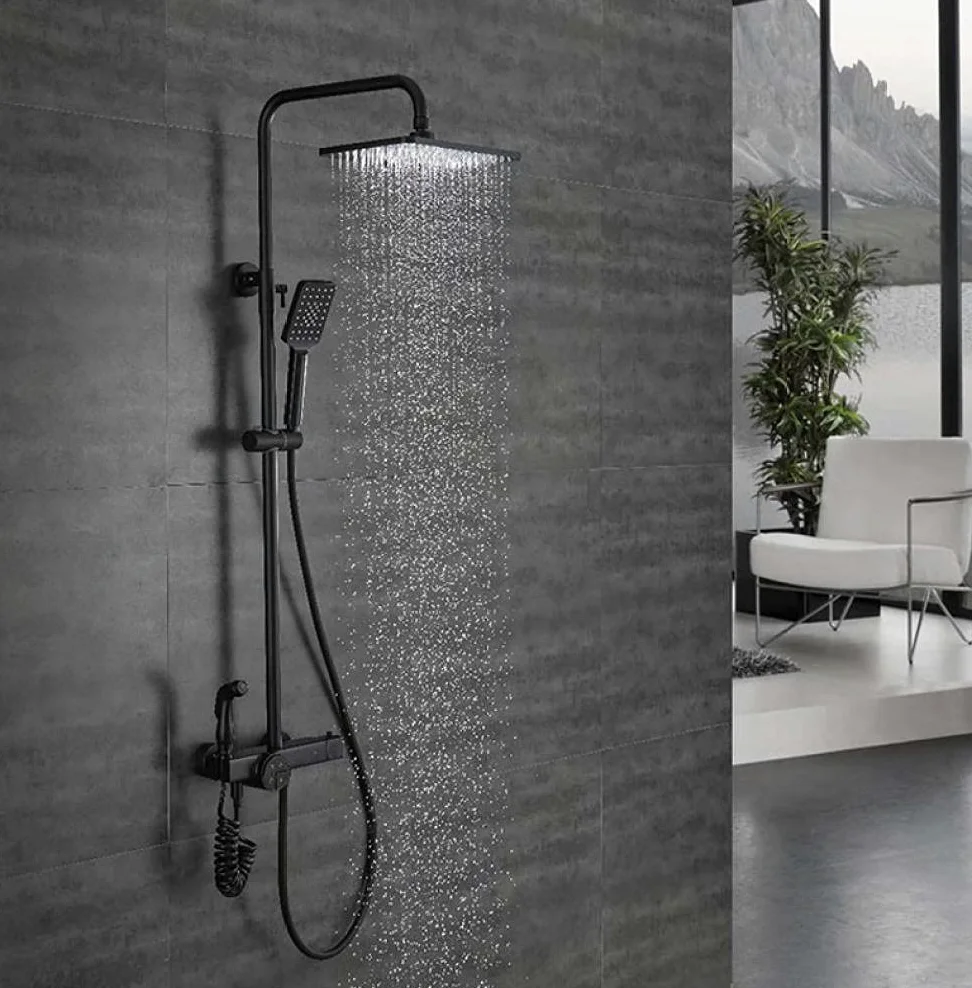 Set Doccia termostatico con Rubinetto a Pioggia, Caldo e Freddo, Nero, con Miscelatore per Bidet - Nero