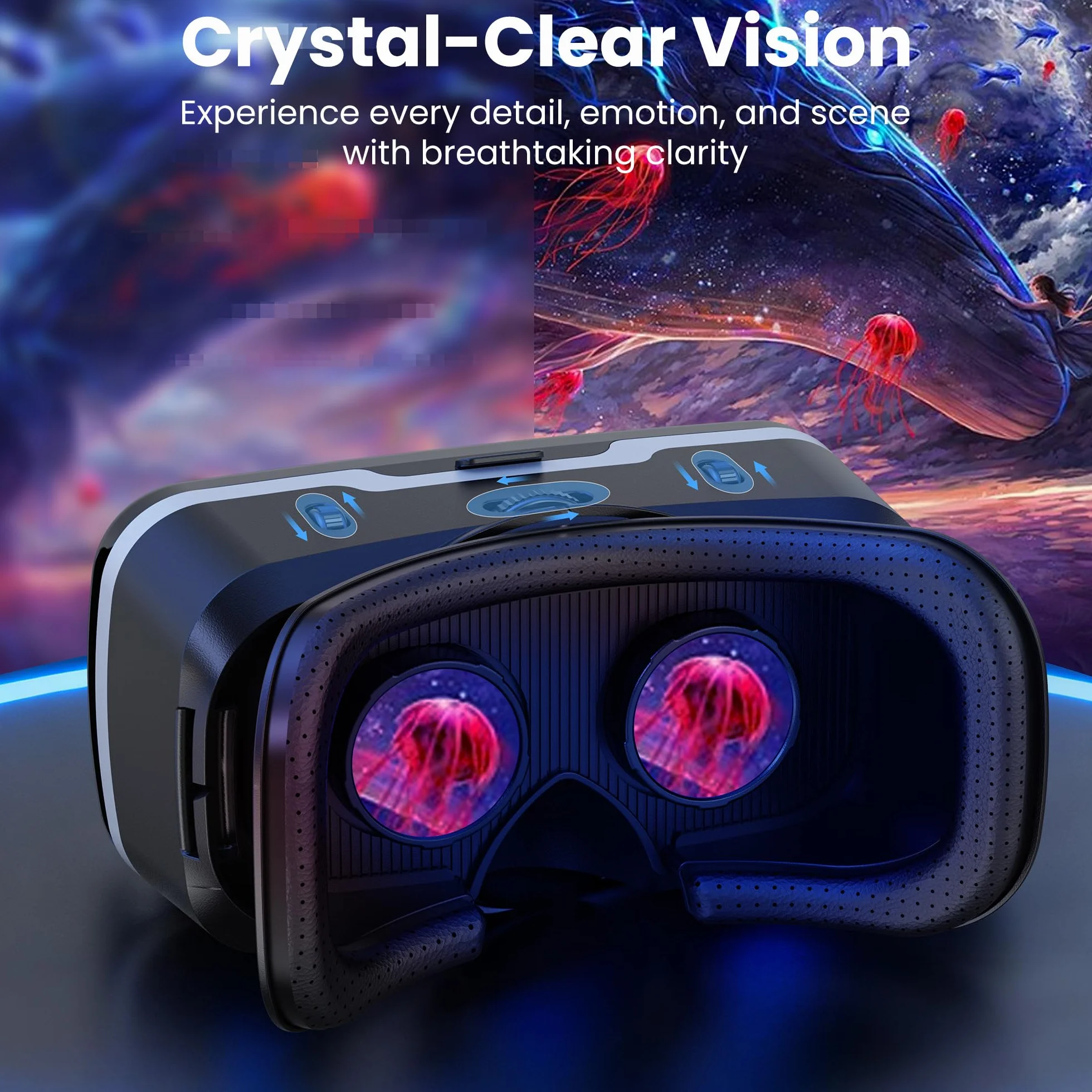 XWP Visore VR, Occhiali di Realtà Virtuale 3D con Lenti HD Anti-Luce Blu per Film e Giochi su Smartphone, Compatibile con Smartphone iOS/Android (4.7–6.8"), Regalo di Natale per Amici e Famiglie