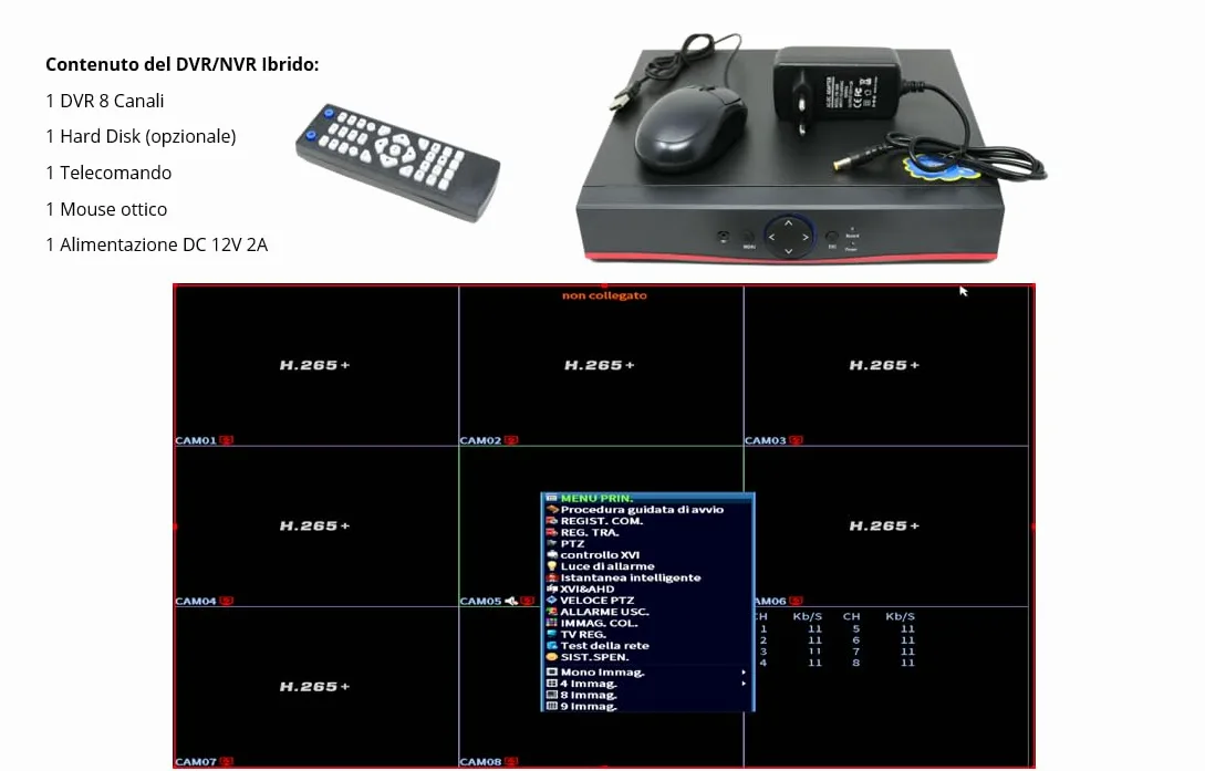 DVR 8 CANALI IBRIDO 5 MPX 5 IN 1 P2P CON INVIO MAIL COMPATIBILE CON TUTTE LE TELECAMERE