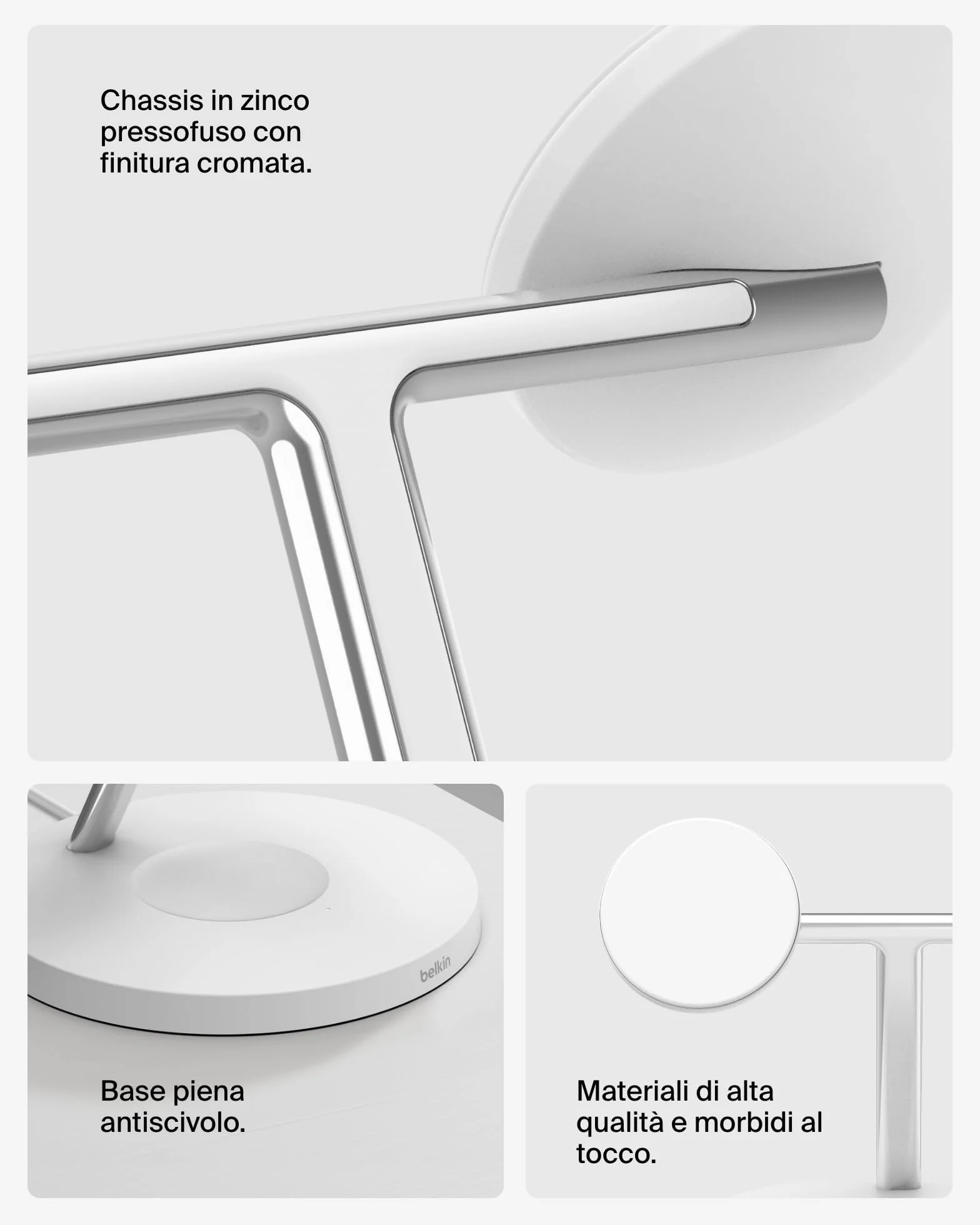 Belkin BoostCharge Caricatore 3 in 1 con Qi2, base di ricarica wireless compatibile con MagSafe, caricatore iPhone 17, Air, Pixelsnap, Apple Watch e AirPods, alimentatore incluso - Bianco