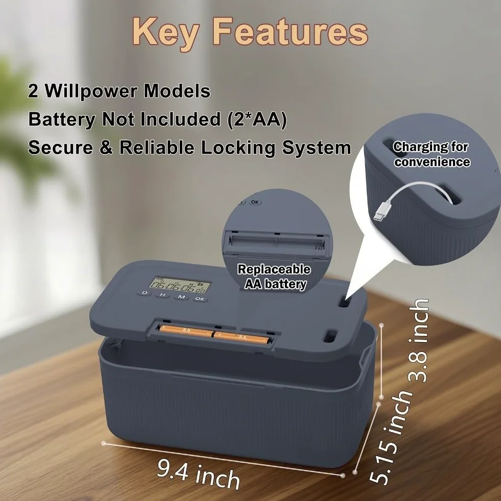 Cassetta di sicurezza con serratura temporizzata per telefoni e snack, con timer digitale intelligente, con timer autocontrollo, scatole di immagazzinaggio bloccabili (temporizzazione grigio e blu)
