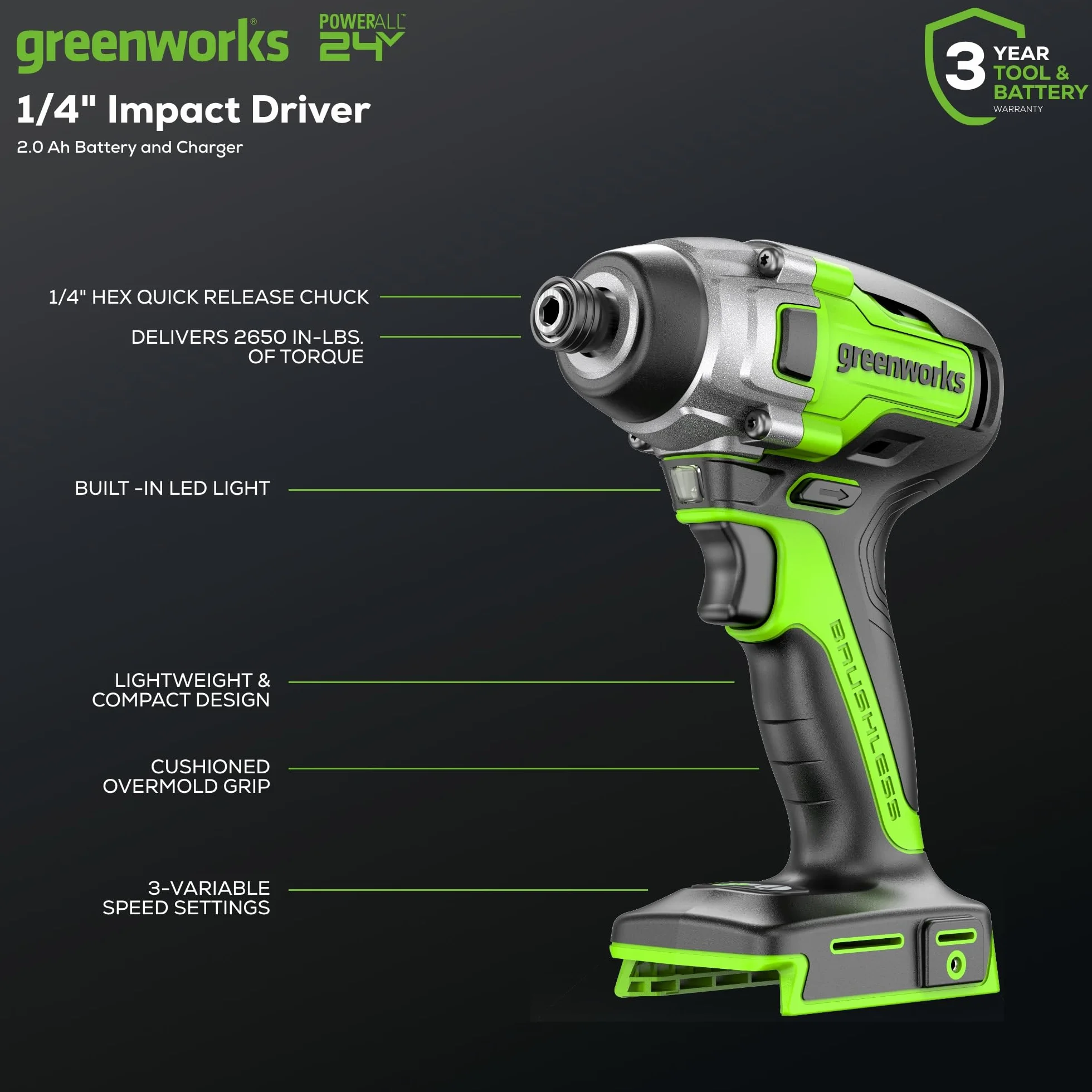 Greenworks Martello perforatore 24 V 2J Avvitatore a percussione 300 Nm Batteria 4 Ah Caricabatterie