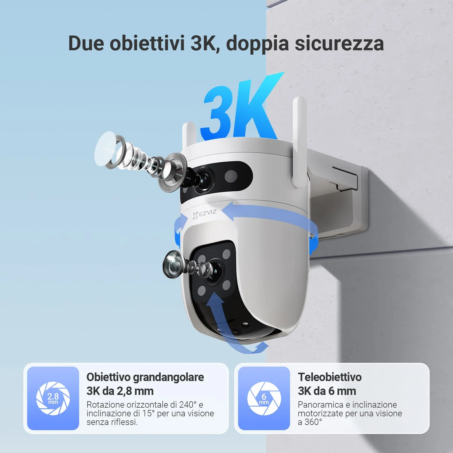 EZVIZ 10MP (5MP+5MP) Telecamera WiFi Esterno con Doppia Lente, Telecamera per Esterni a 360°, Visione Notturna a Colori, Rilevamento Persone/Veicoli, Audio Bidirezionale, Impermeabile, C9c Dual 3K
