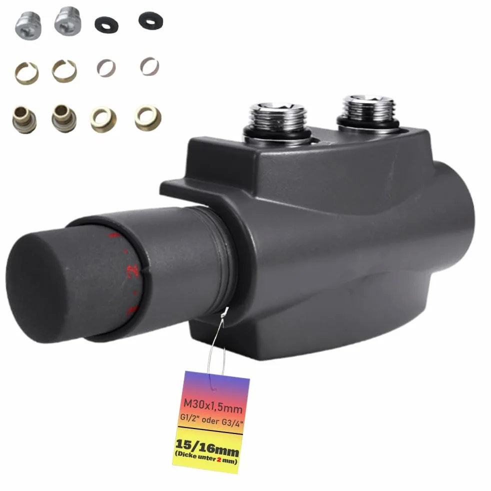 Set di radiatori multiblocco, valvola con termostato, forma angolare e forma passante, raccordi per valvola, attacco centrale, regolatore termostatico per termosifoni da bagno G 1/2" o G 3/4", 15