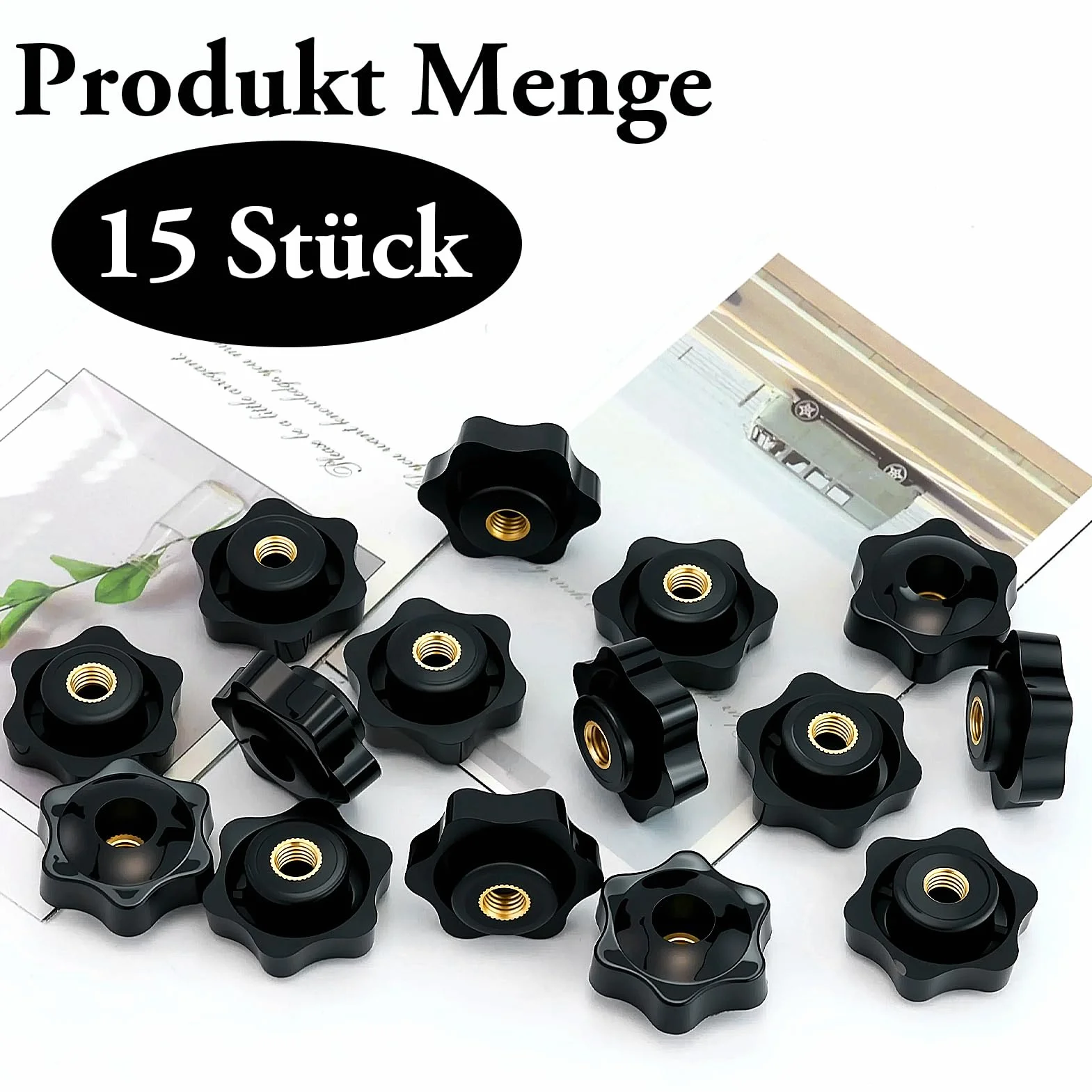 Manopole a stella M8 diametro esterno 32 mm nere 15 pezzi