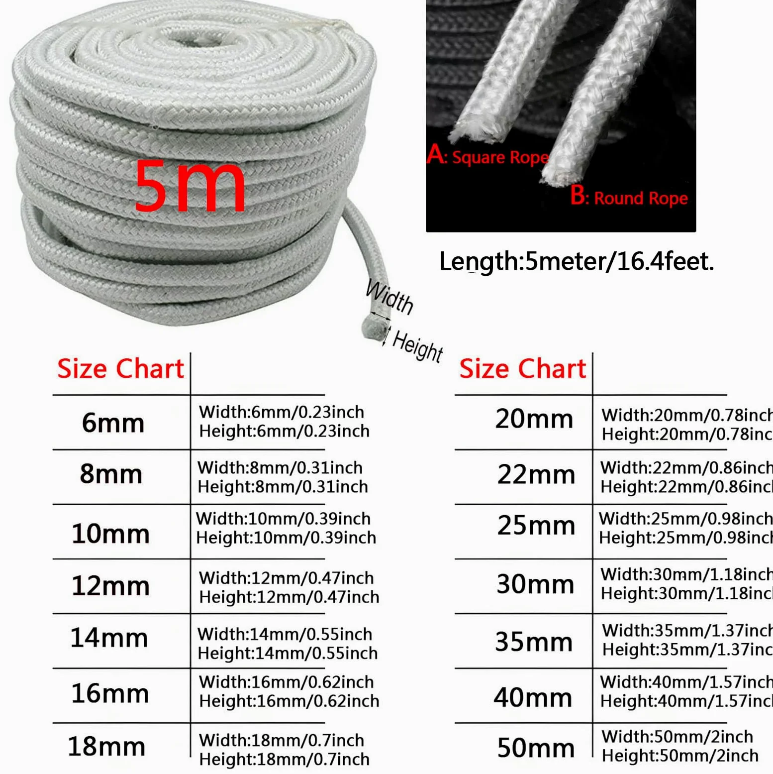 Guarnizione per stufa a legna, 5 m, in fibra di ceramica, resistente alle alte temperature, per stufe, camini, porte (diametro 50 mm)